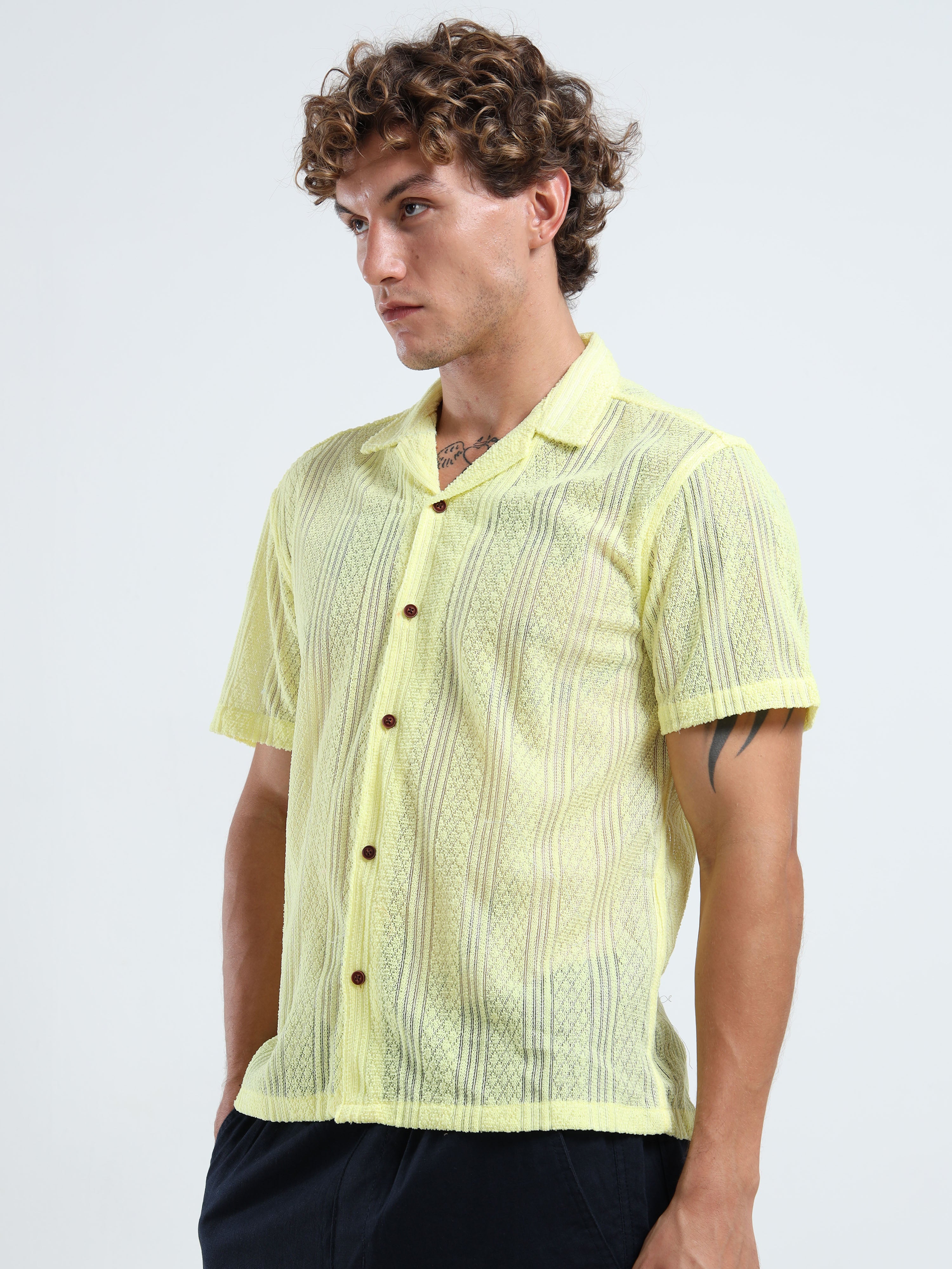 Men's Textured Cuban Collar Casual Yellow Shirt