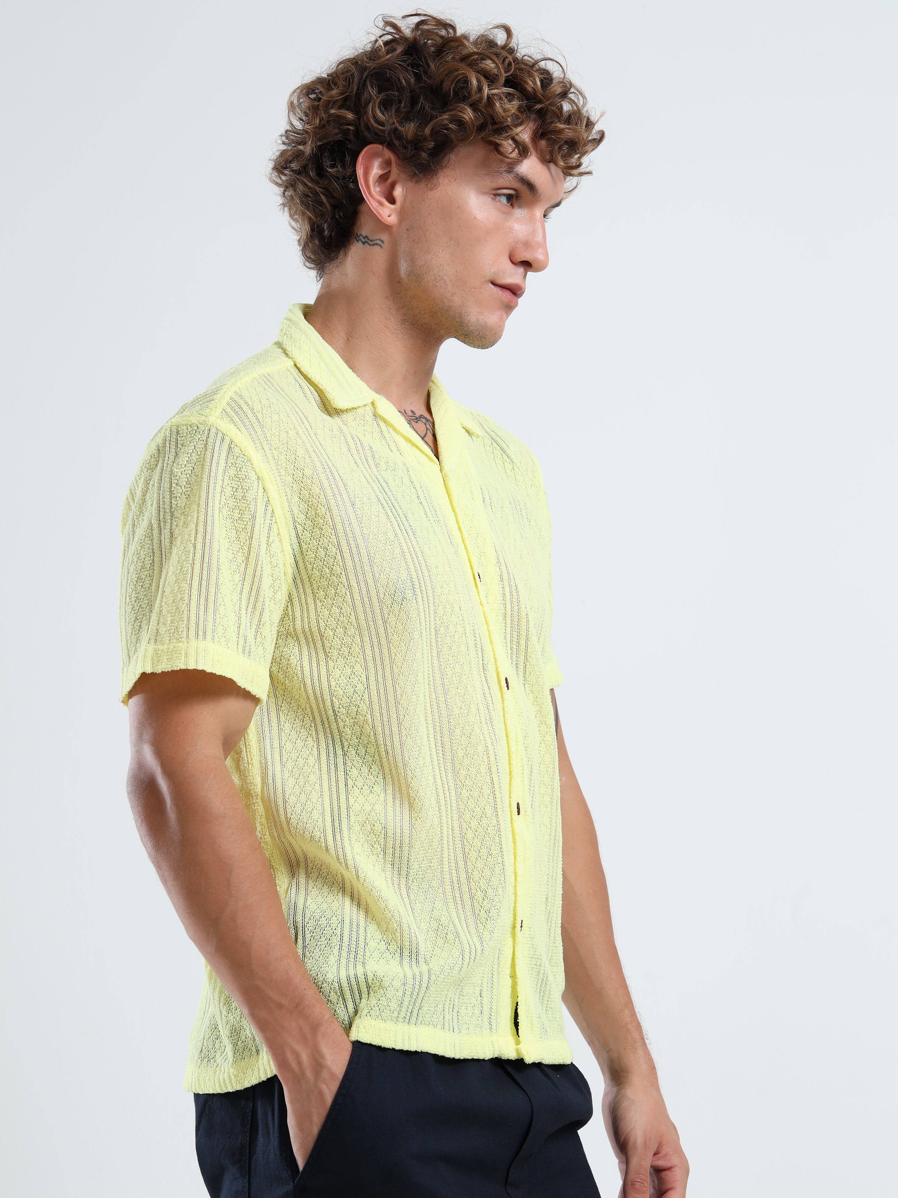 Men's Textured Cuban Collar Casual Yellow Shirt