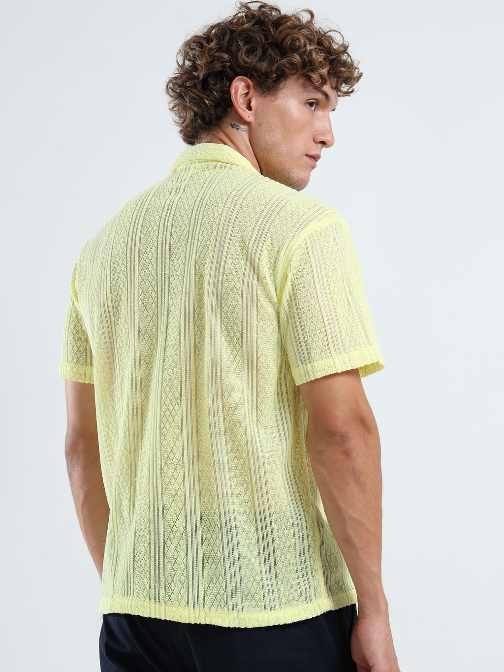 Men's Textured Cuban Collar Casual Yellow Shirt