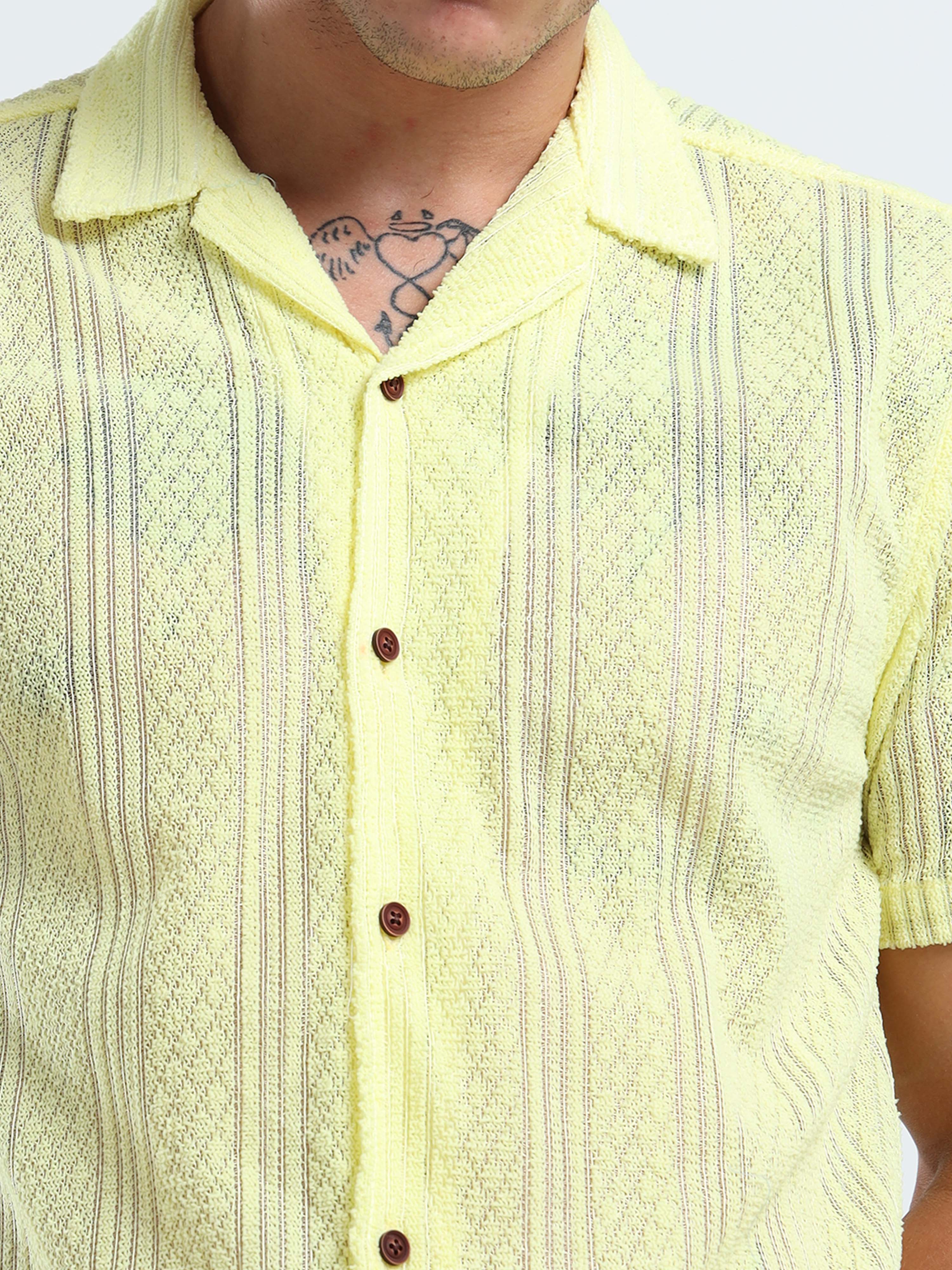Men's Textured Cuban Collar Casual Yellow Shirt
