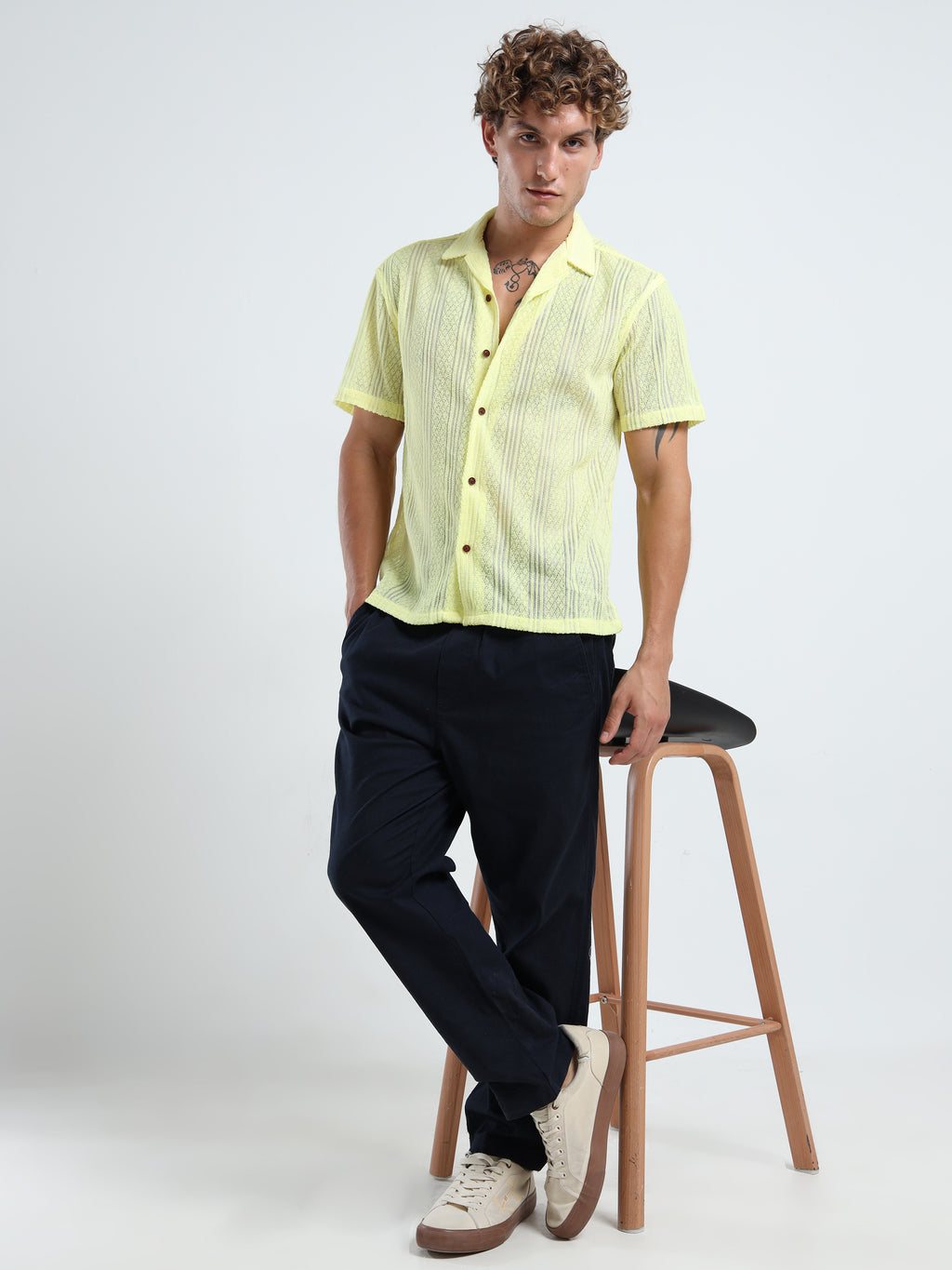 Men's Textured Cuban Collar Casual Yellow Shirt