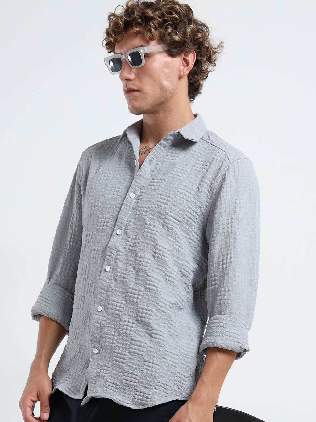Men’s Grey Textured Check Casual Shirt