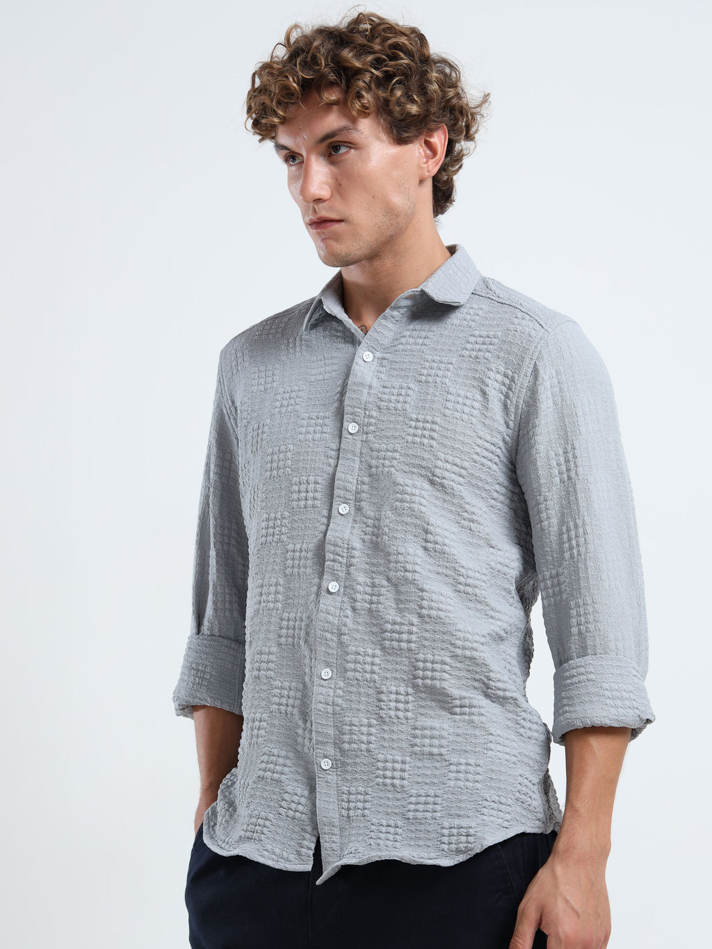 Men’s Grey Textured Check Casual Shirt