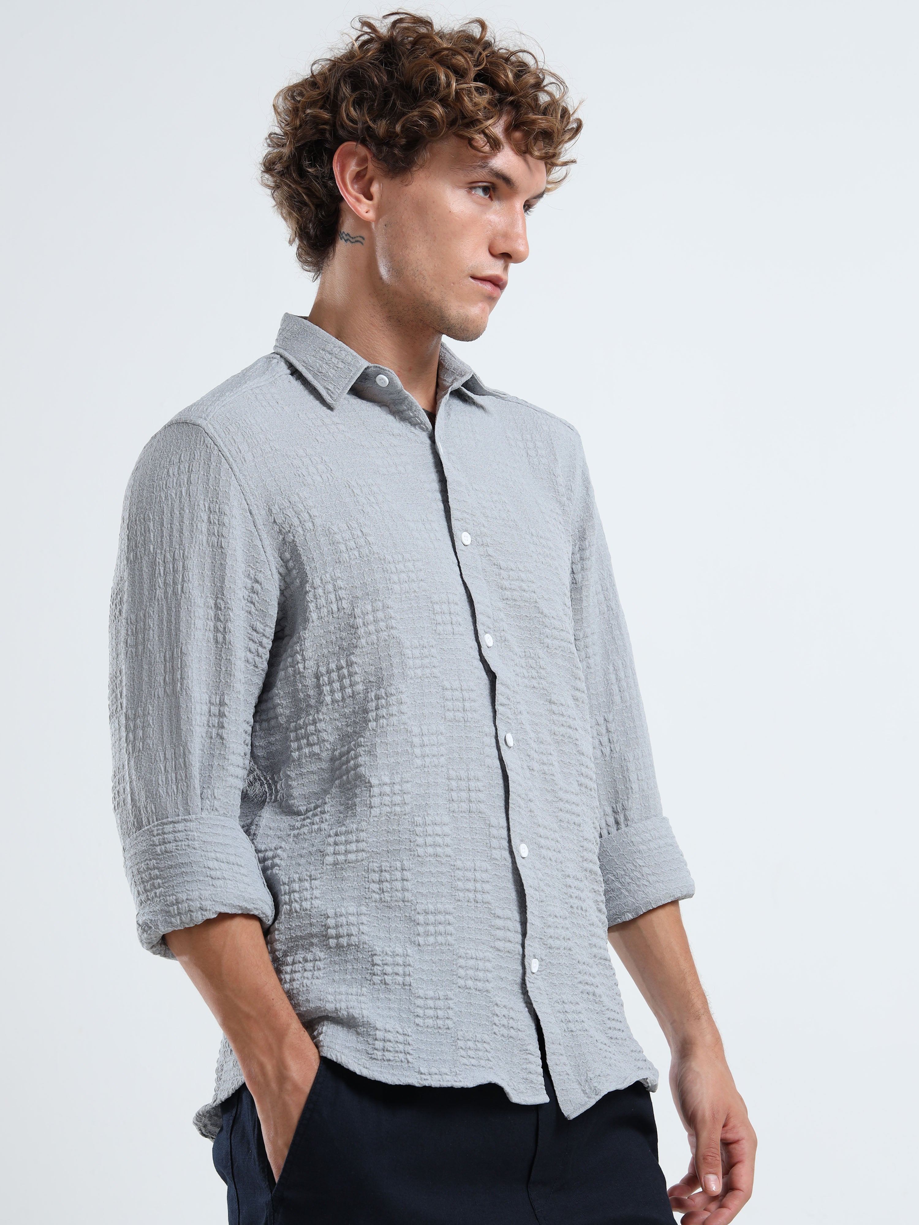 Men’s Grey Textured Check Casual Shirt