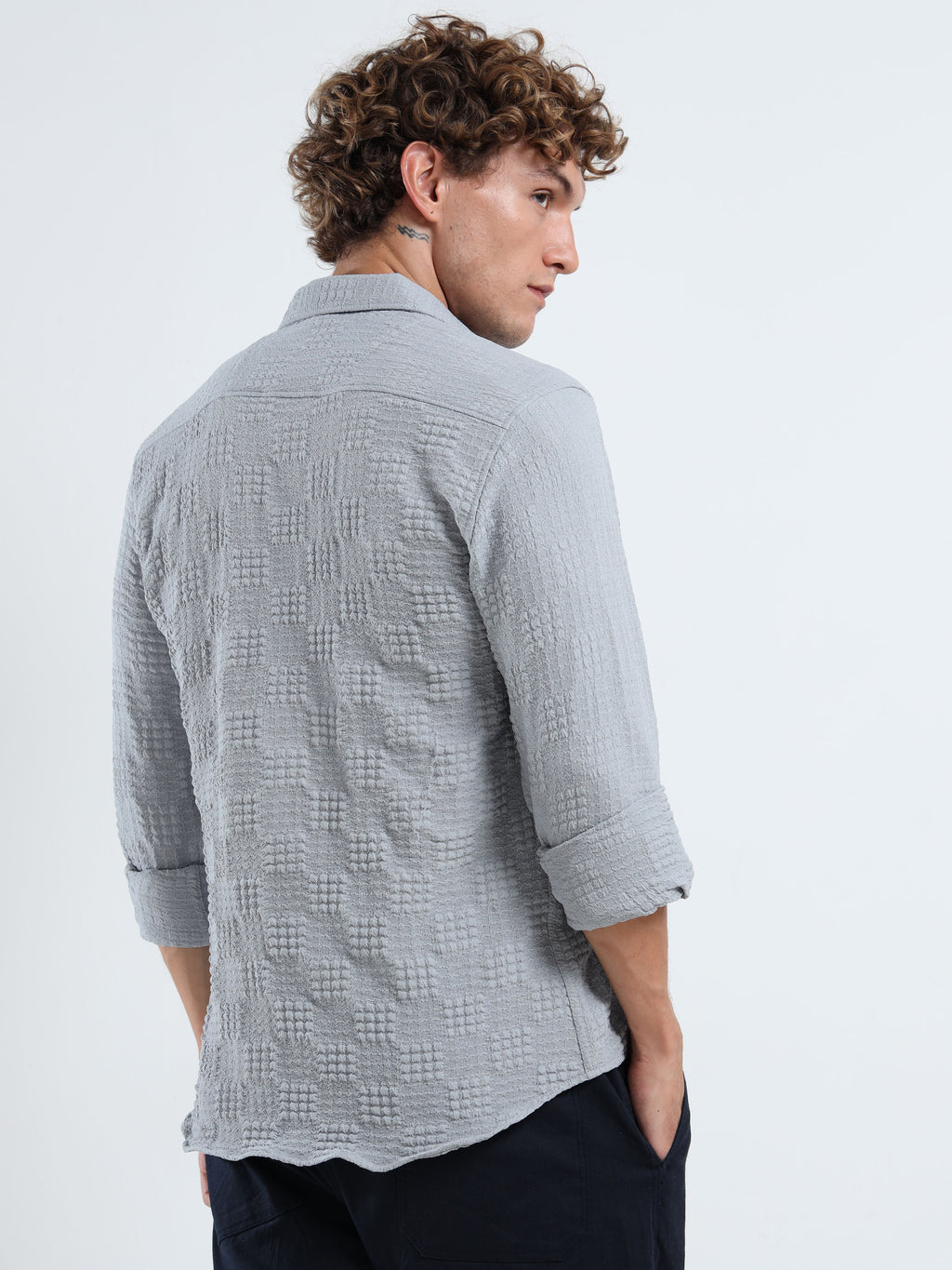 Men’s Grey Textured Check Casual Shirt