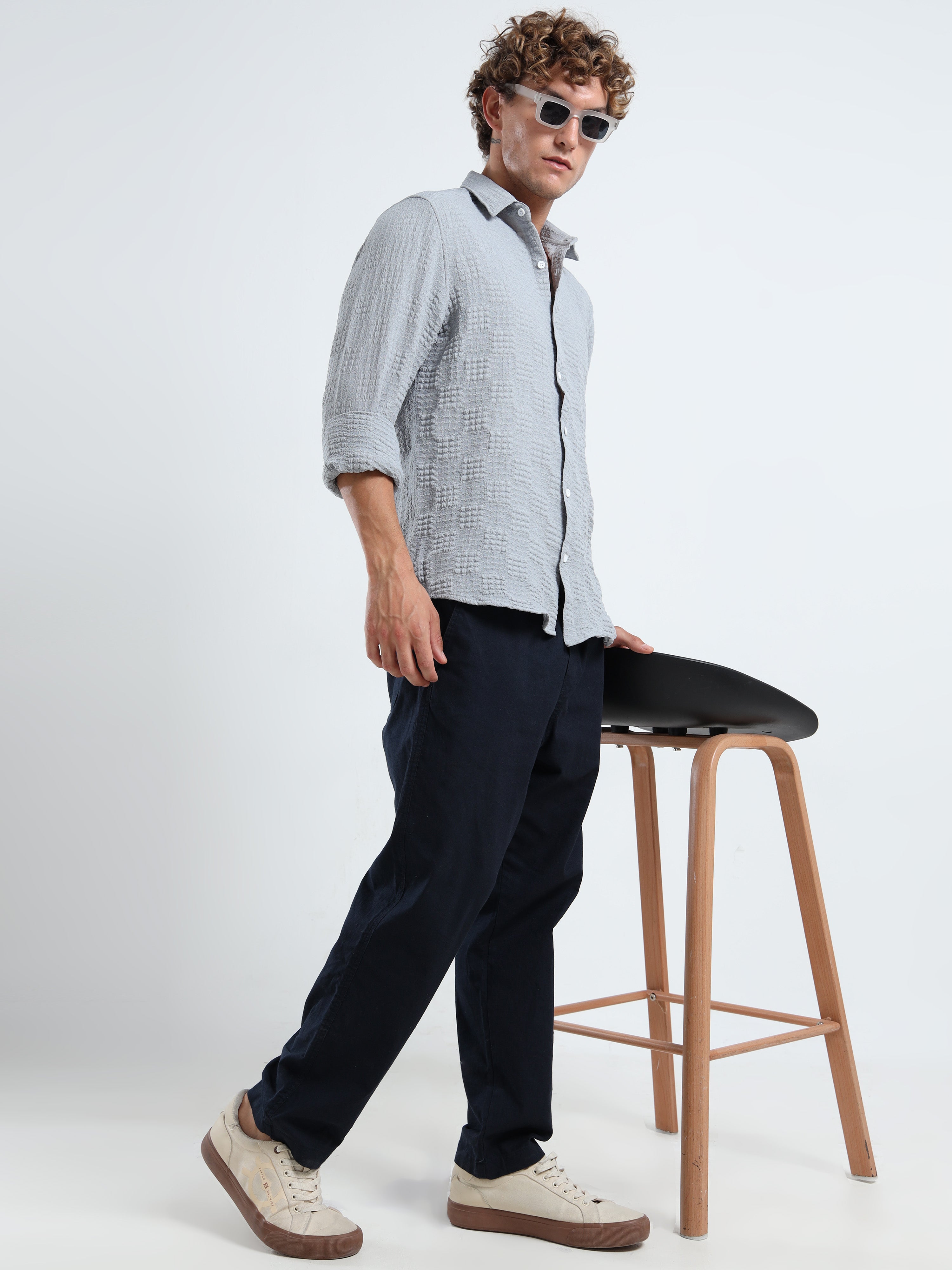 Men’s Grey Textured Check Casual Shirt