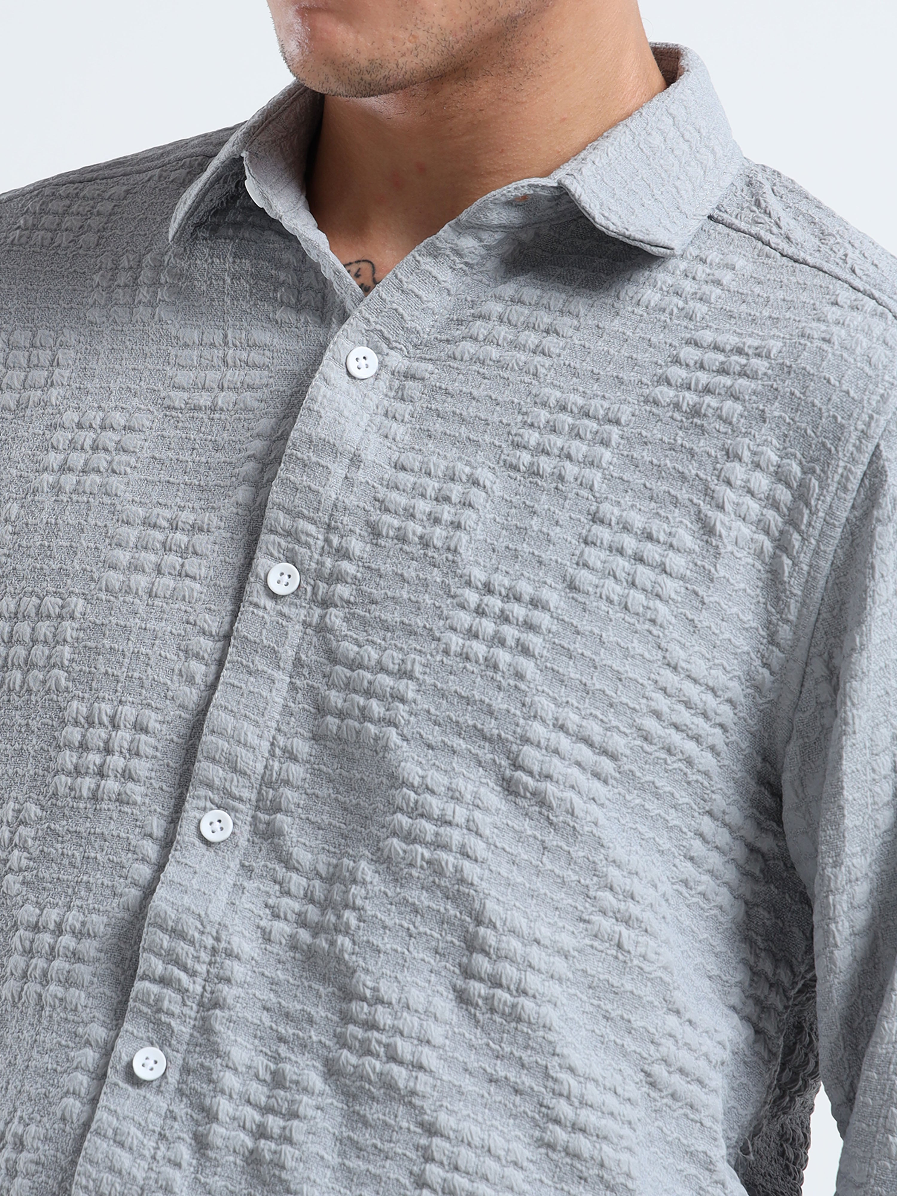 Men’s Grey Textured Check Casual Shirt