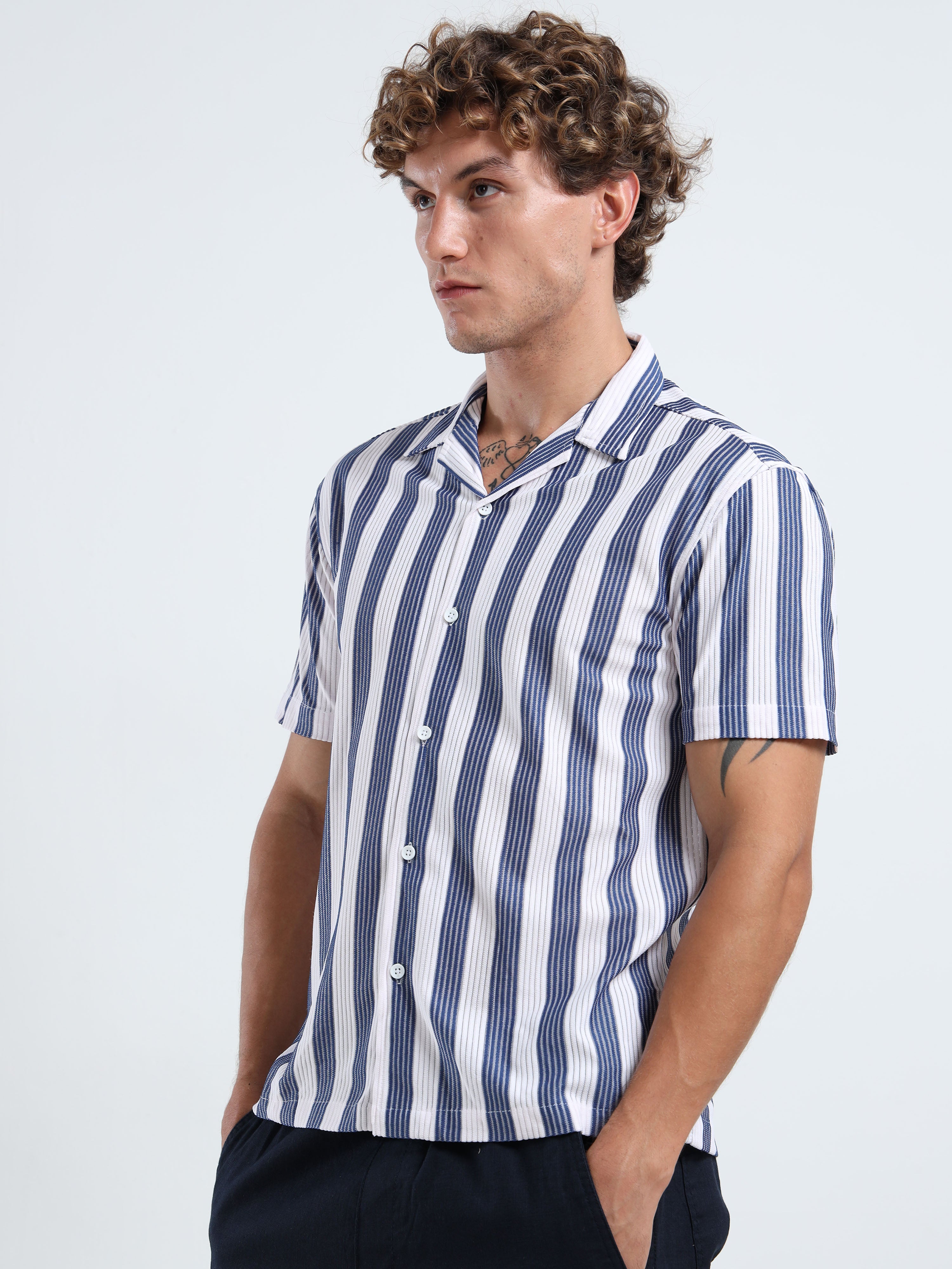 Men's Navy Blue Vertical Stripe Cuban Shirt
