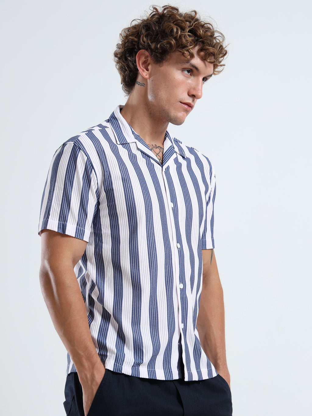 Men's Navy Blue Vertical Stripe Cuban Shirt