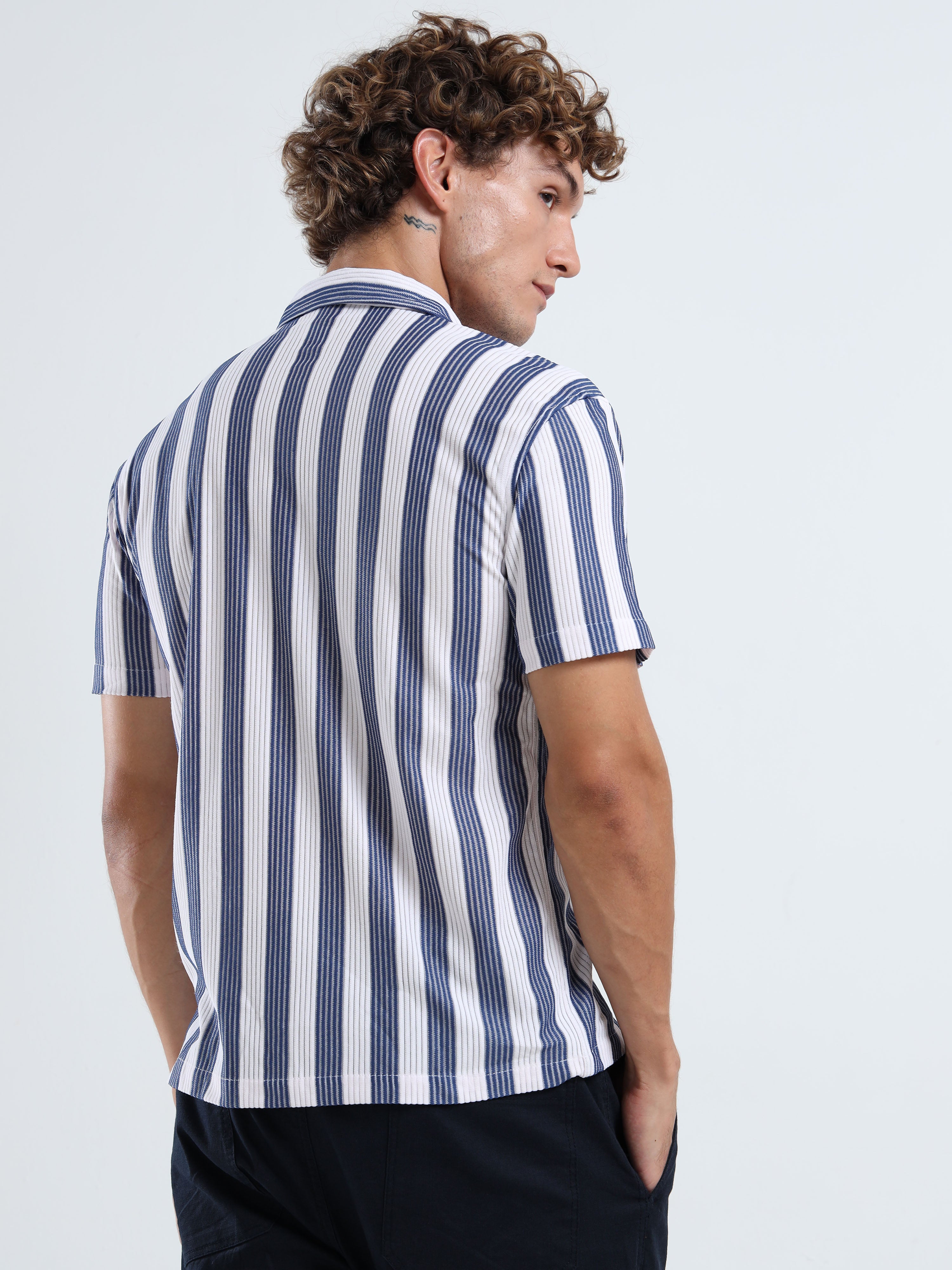 Men's Navy Blue Vertical Stripe Cuban Shirt