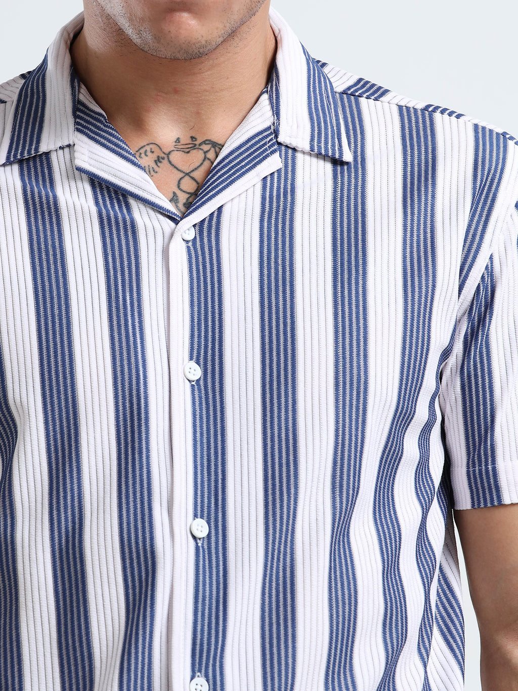 Men's Navy Blue Vertical Stripe Cuban Shirt