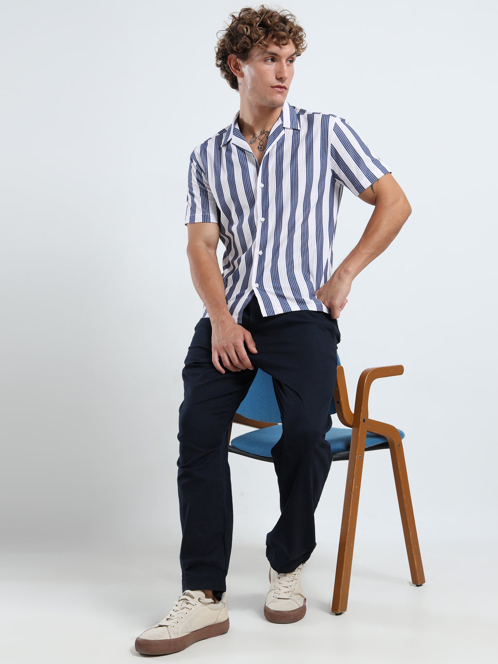 Men's Navy Blue Vertical Stripe Cuban Shirt