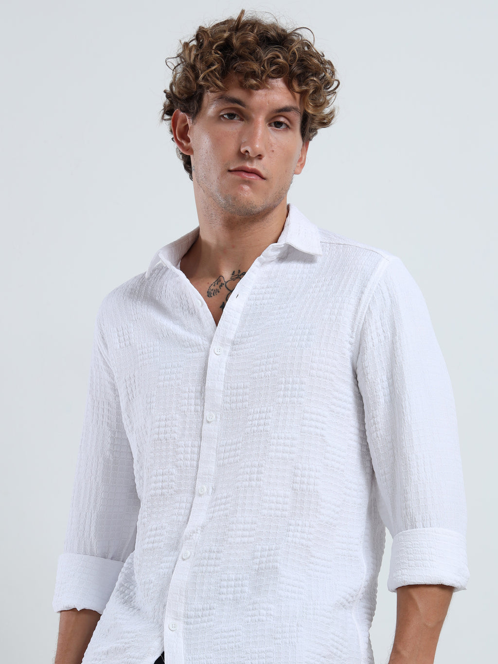 Men’s White Textured Check Casual Shirt