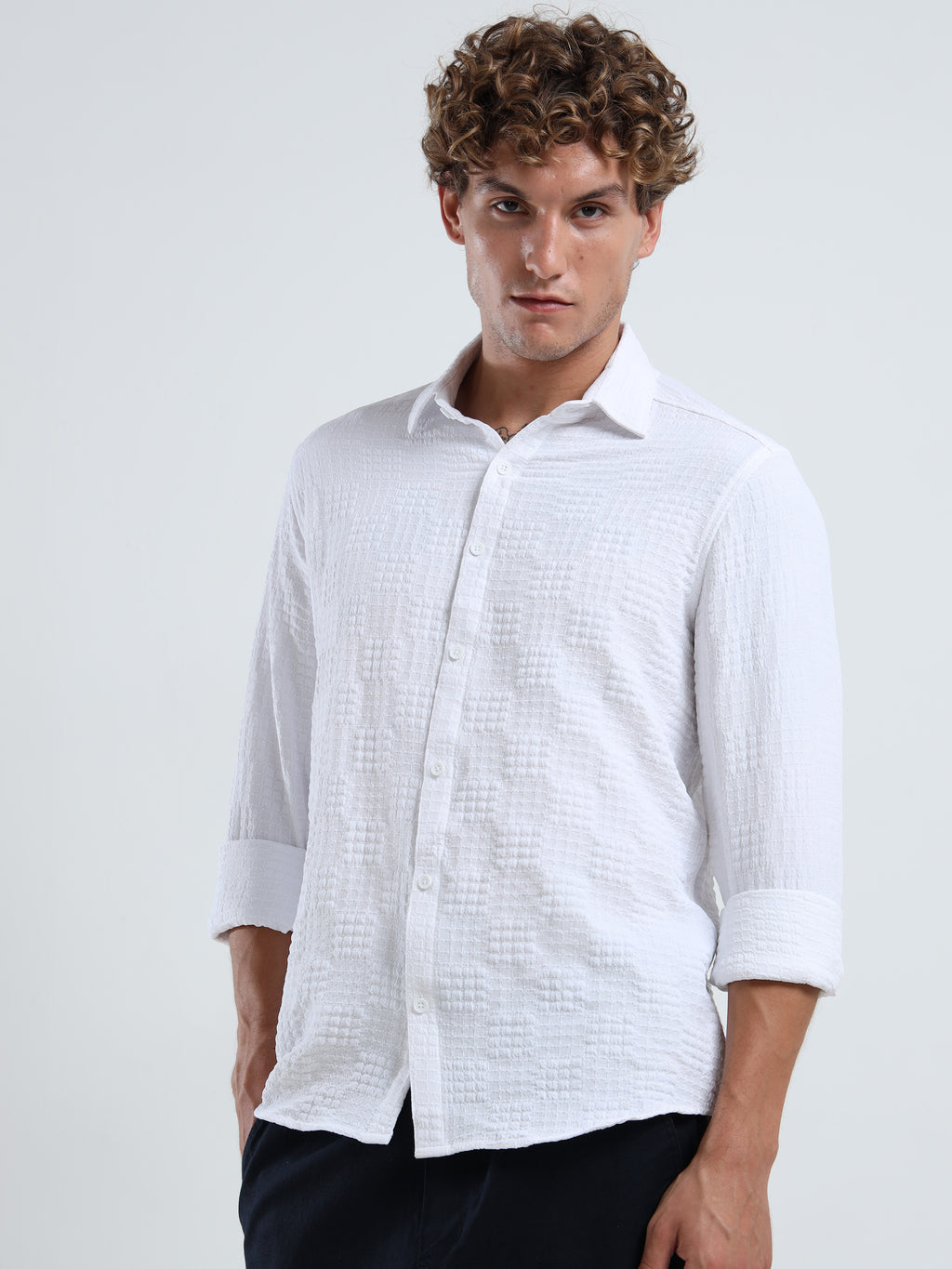 Men’s White Textured Check Casual Shirt