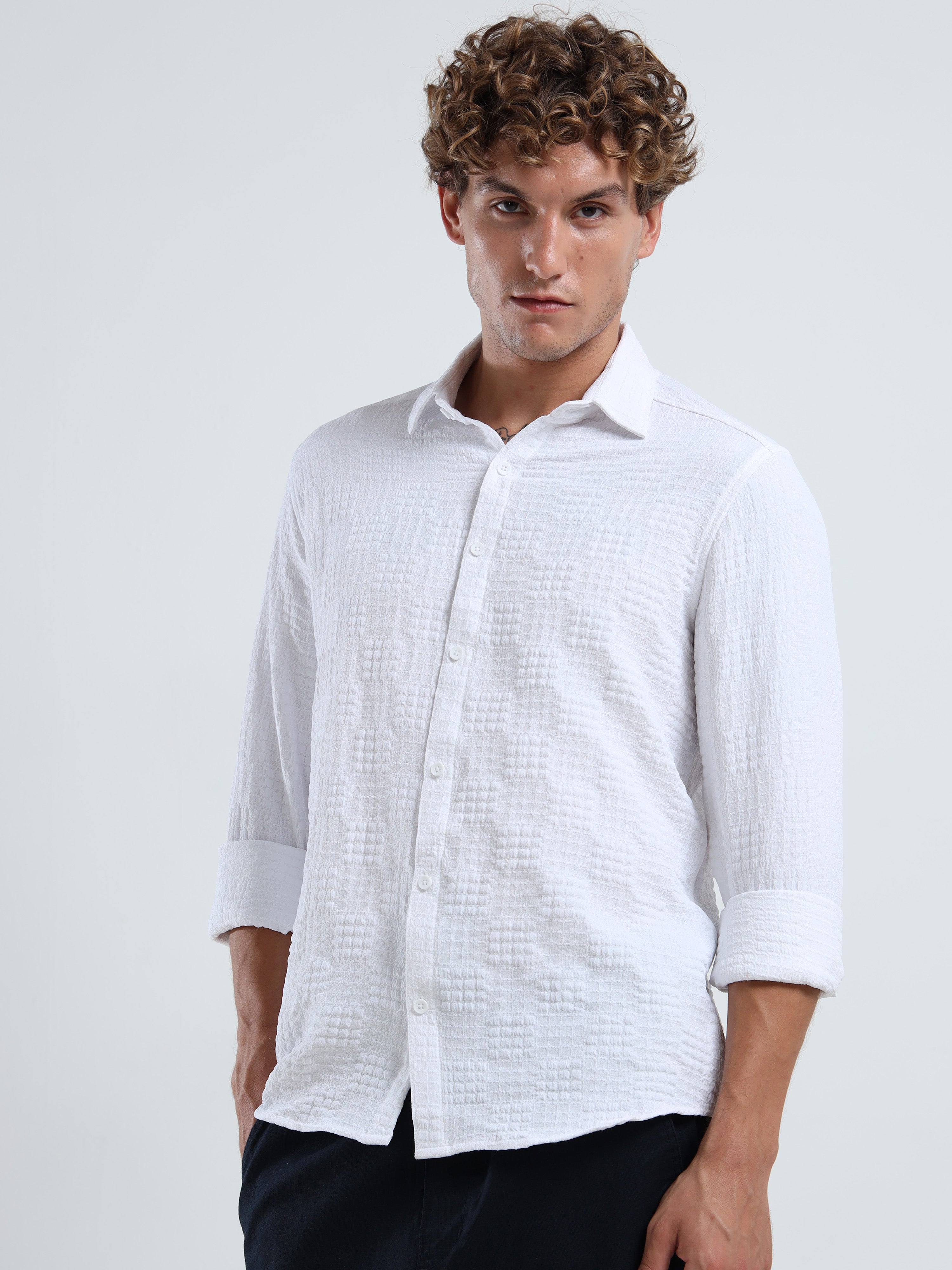 Men’s White Textured Check Casual Shirt