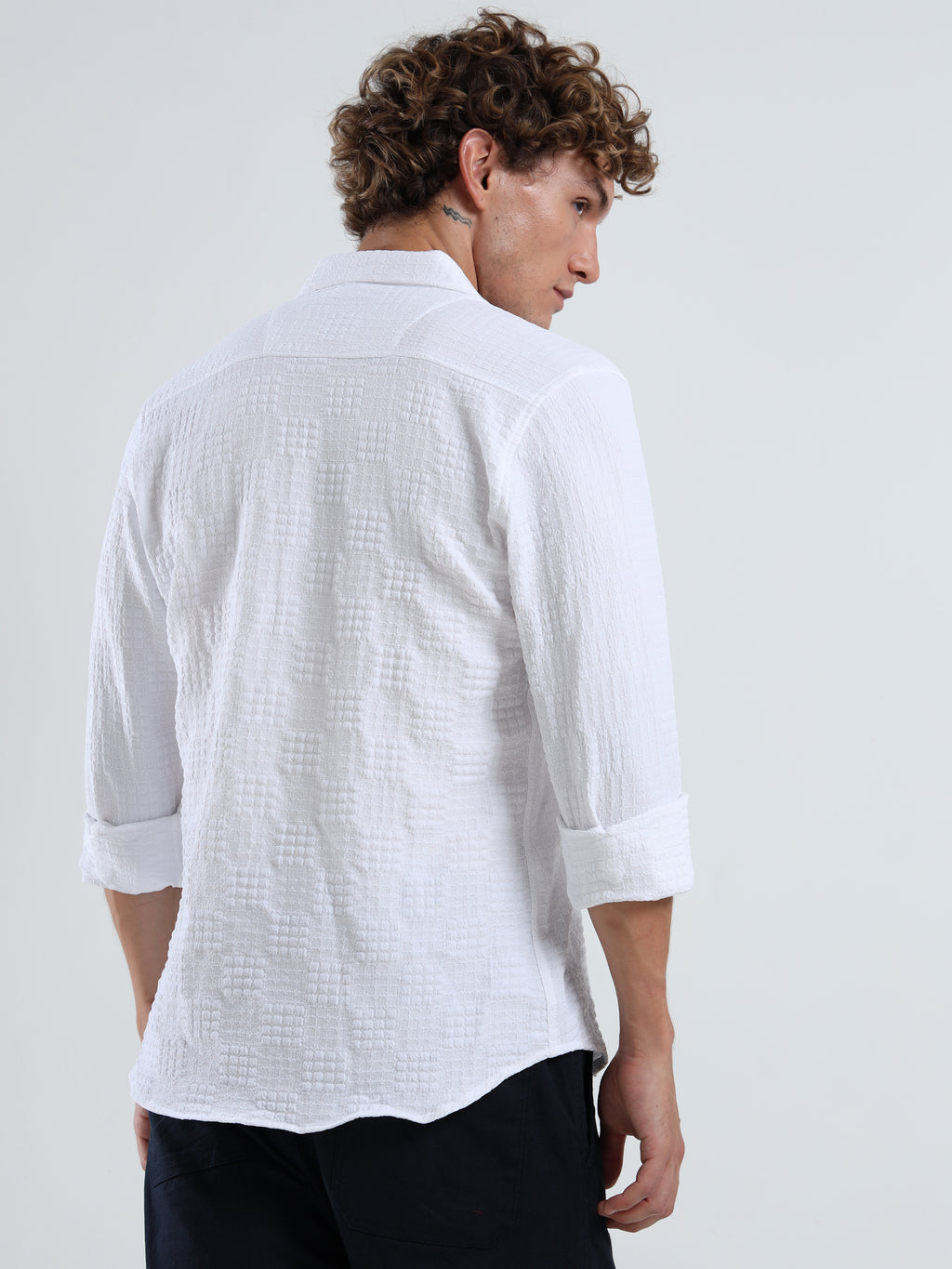 Men’s White Textured Check Casual Shirt