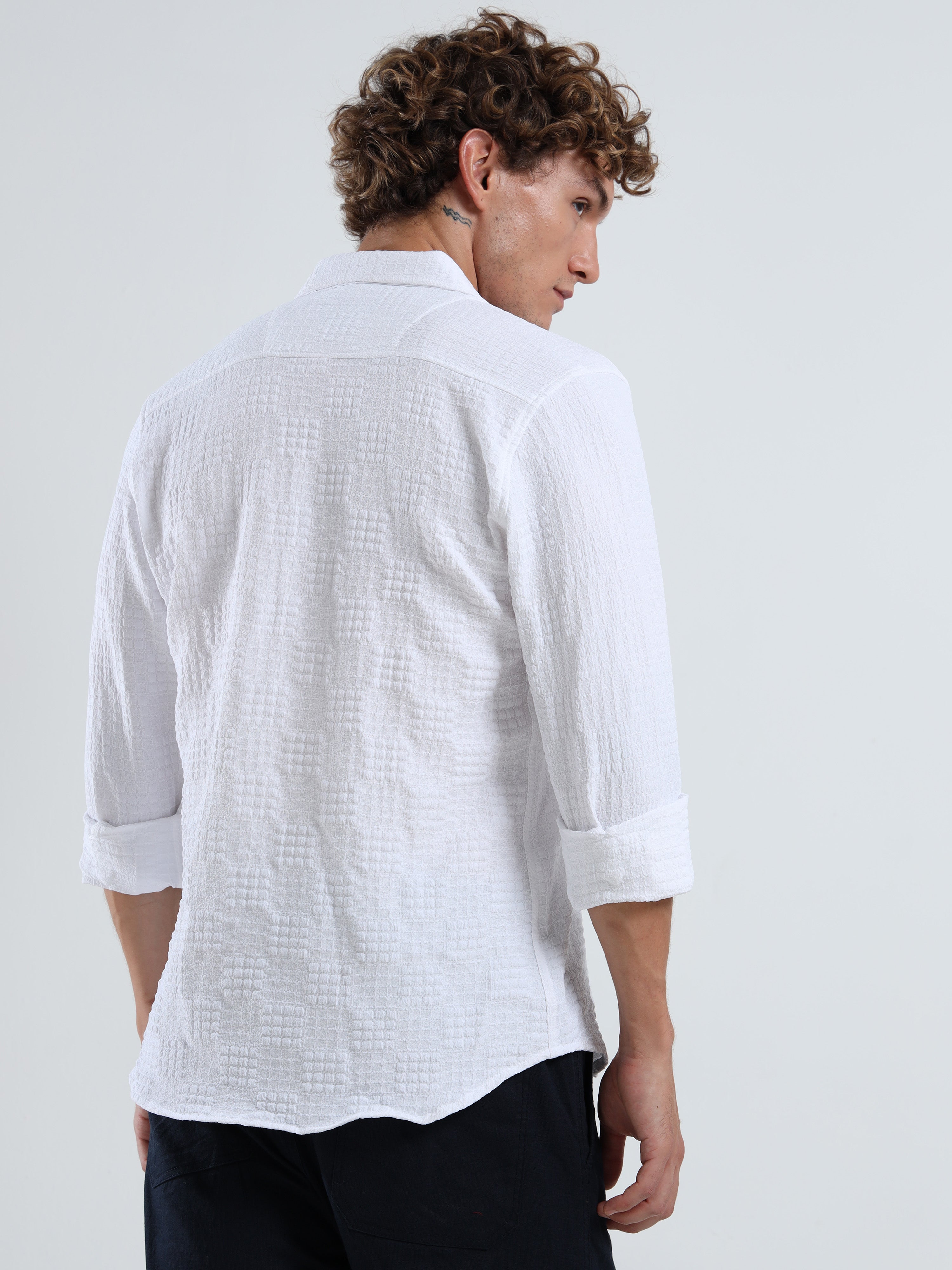 Men’s White Textured Check Casual Shirt