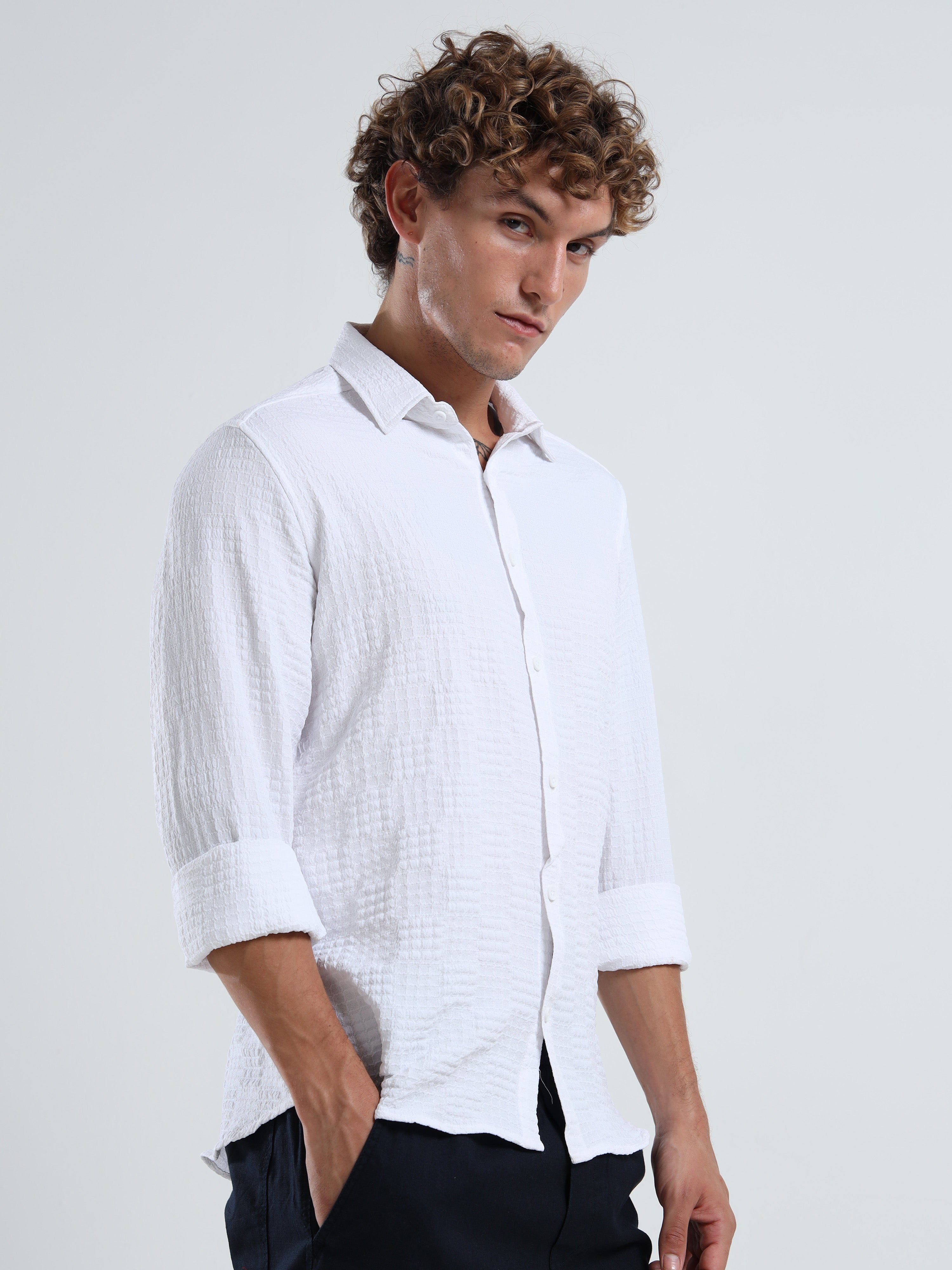 Men’s White Textured Check Casual Shirt