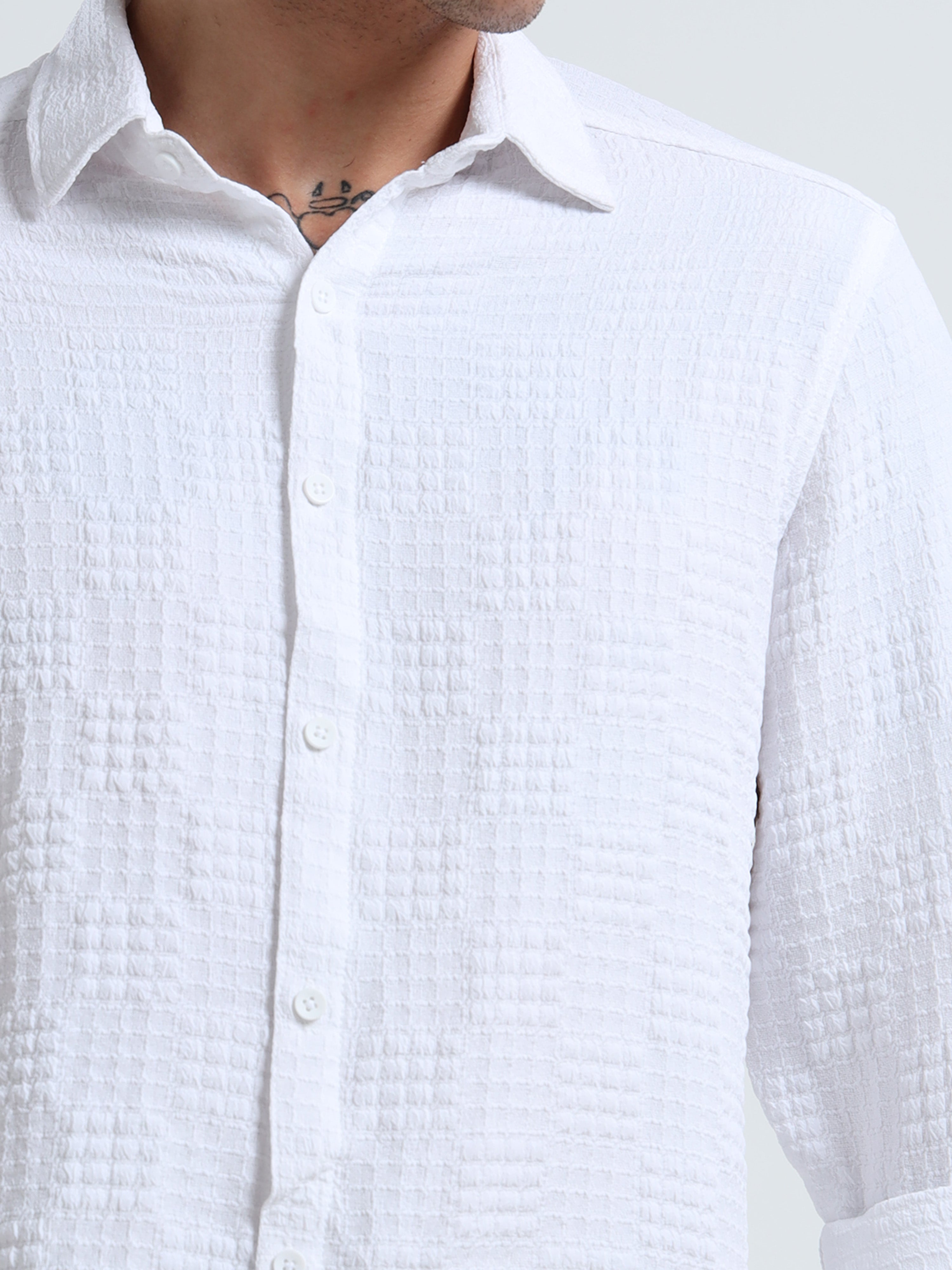 Men’s White Textured Check Casual Shirt