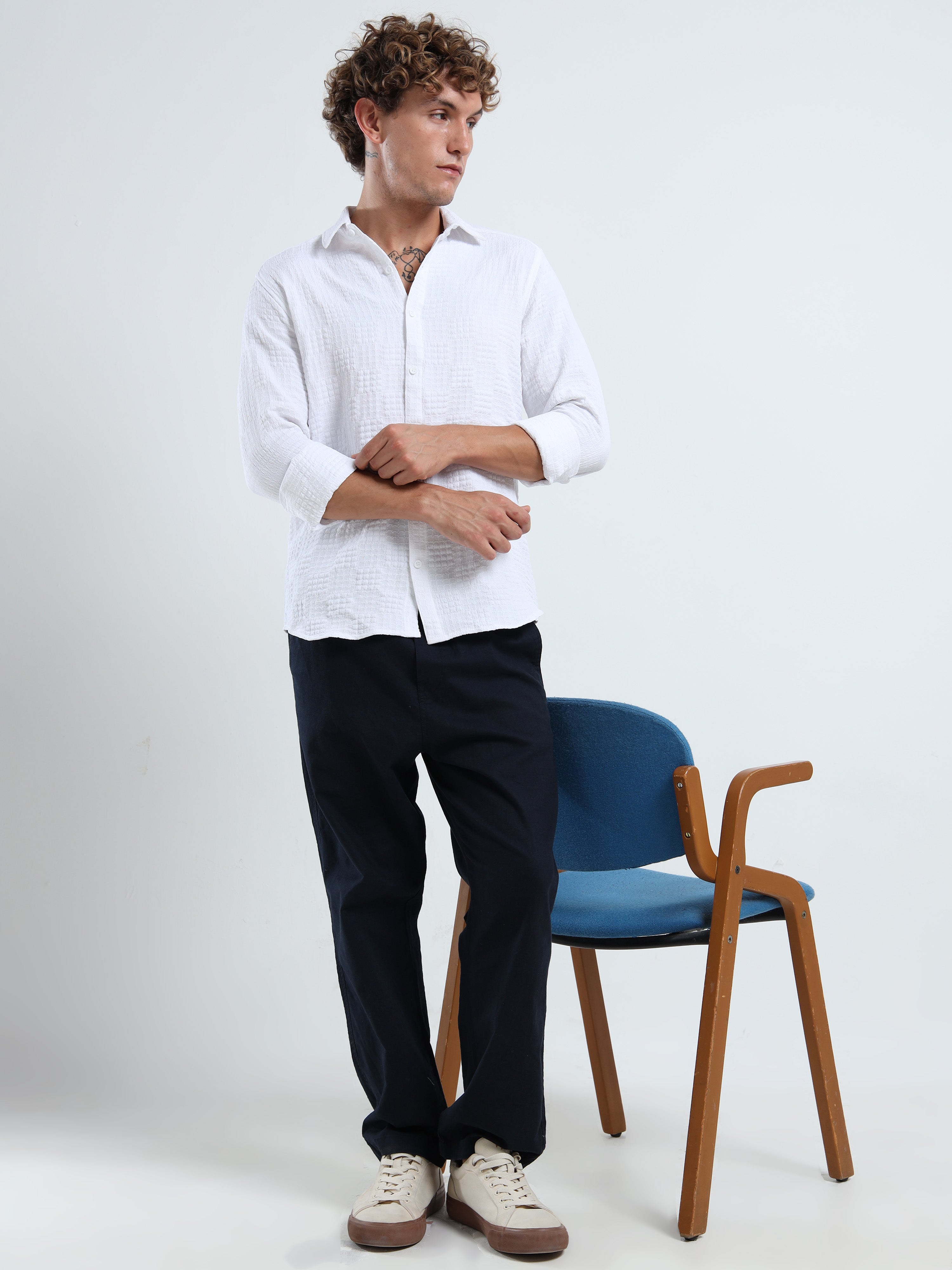 Men’s White Textured Check Casual Shirt