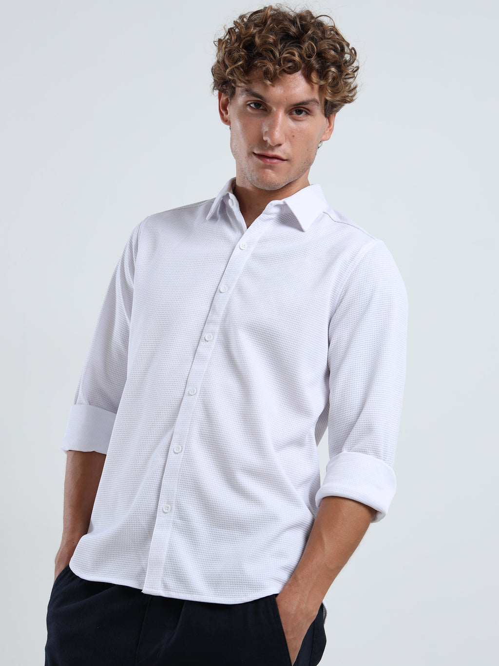 Men’s White Textured Micro-Pattern Shirt