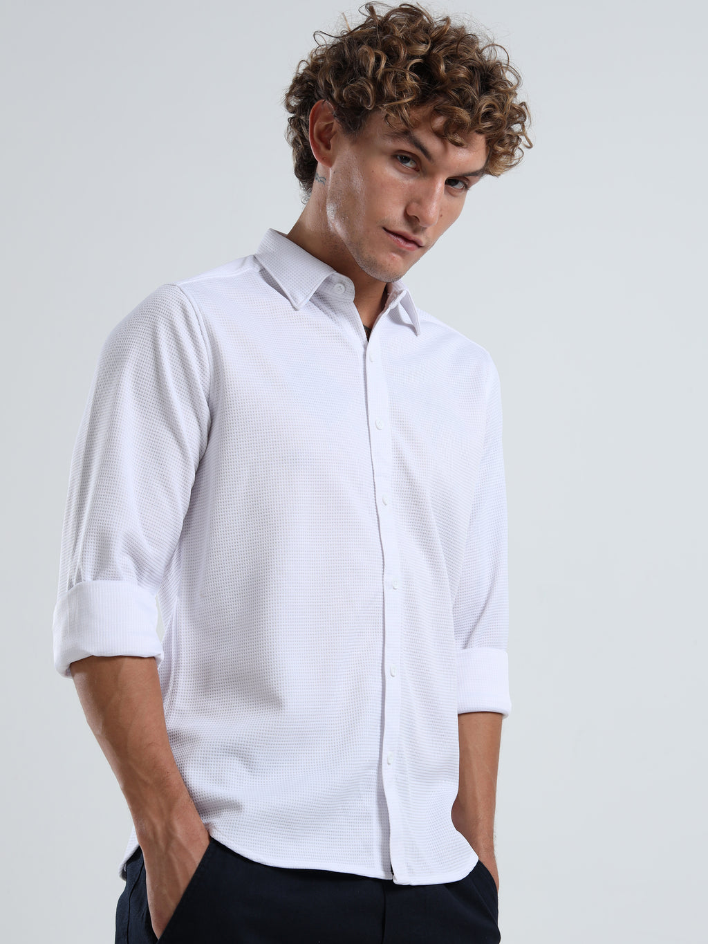 Men’s White Textured Micro-Pattern Shirt