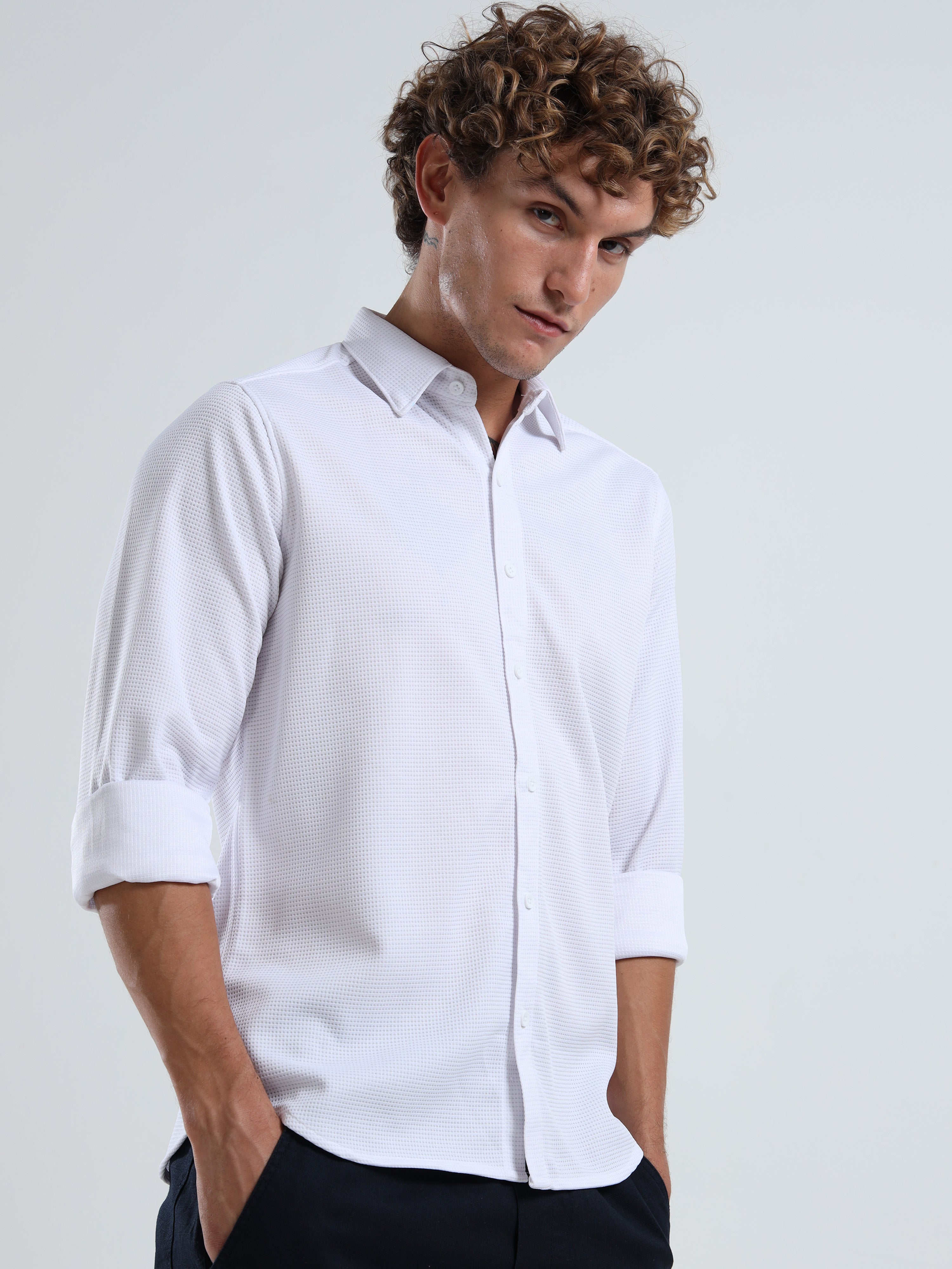 Men’s White Textured Micro-Pattern Shirt