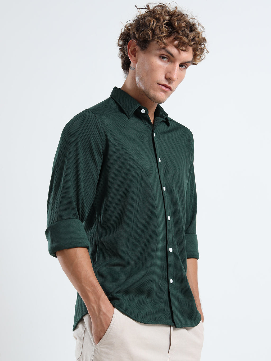Men’s Green Textured Micro-Pattern Shirt