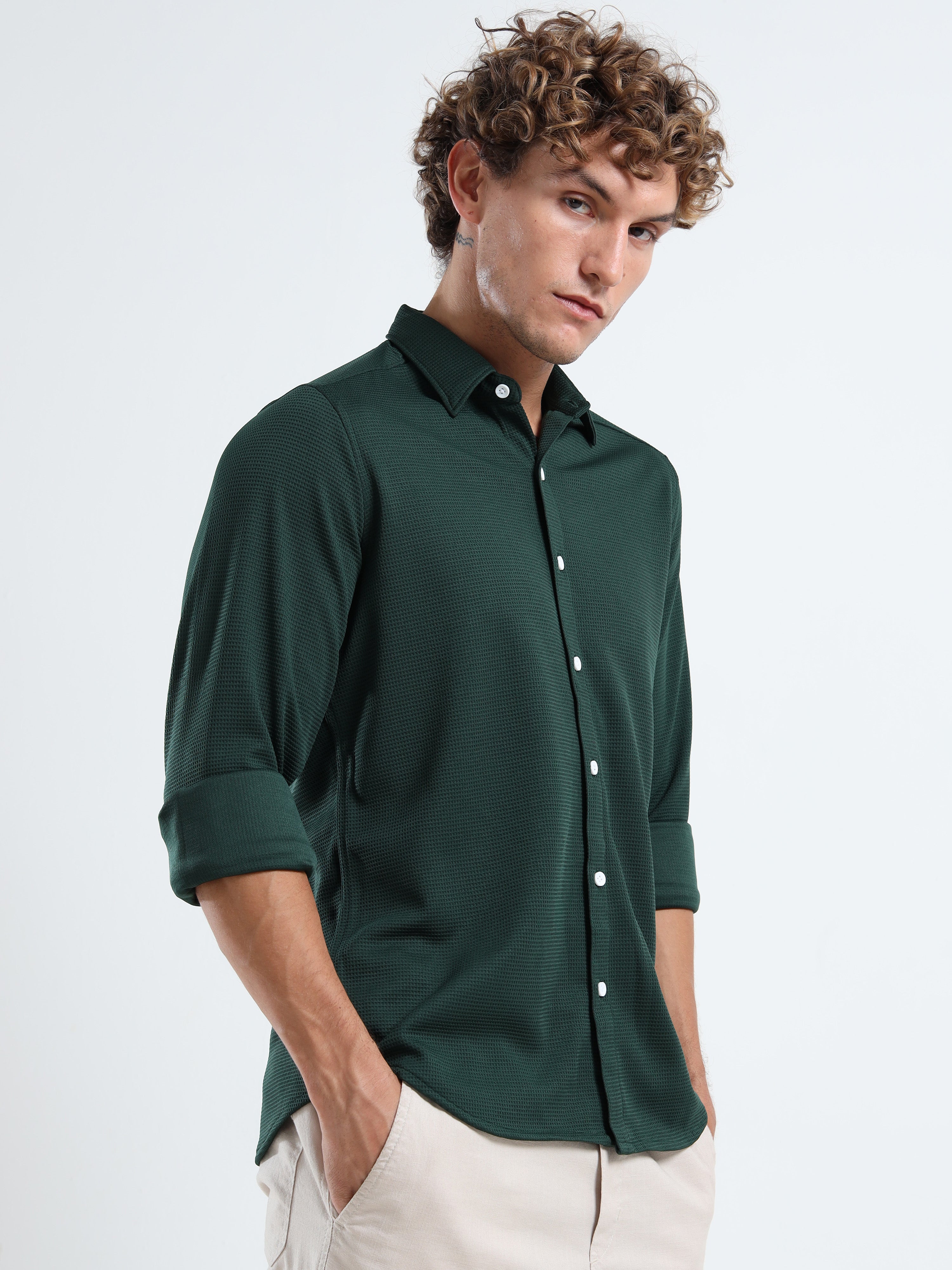 Men’s Green Textured Micro-Pattern Shirt