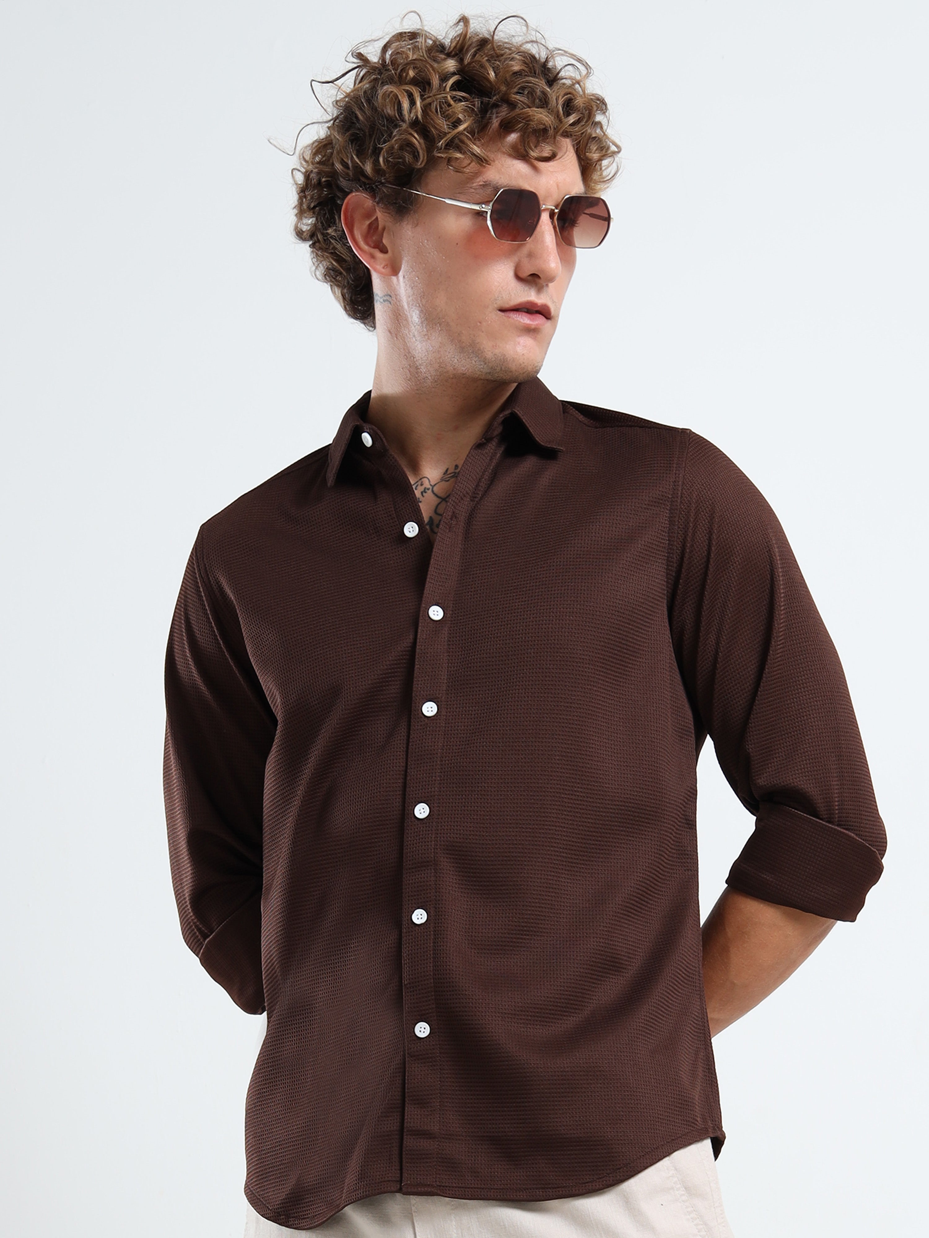 Men’s Chocolate Brown Textured Micro-Pattern Shirt