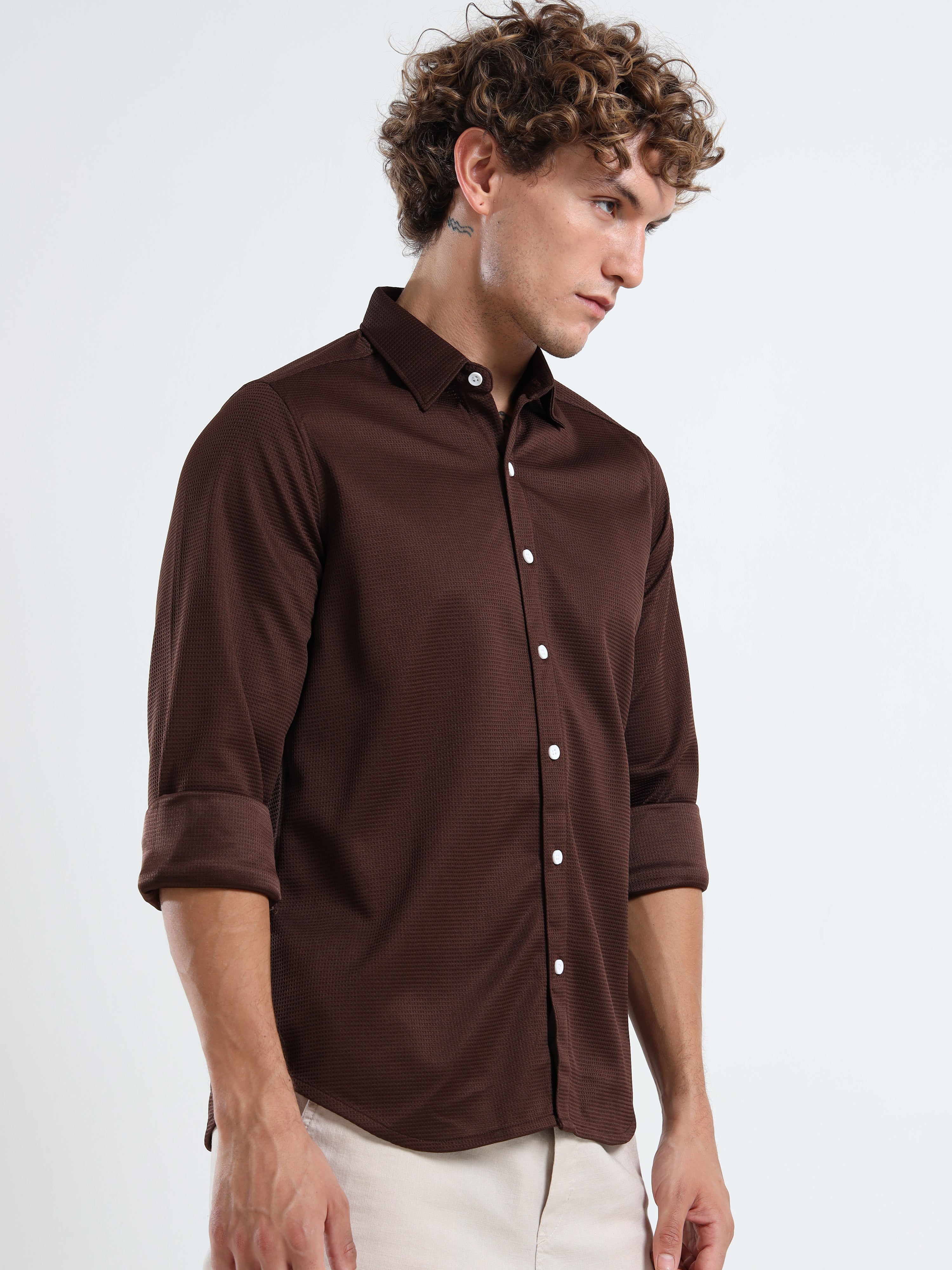 Men’s Chocolate Brown Textured Micro-Pattern Shirt