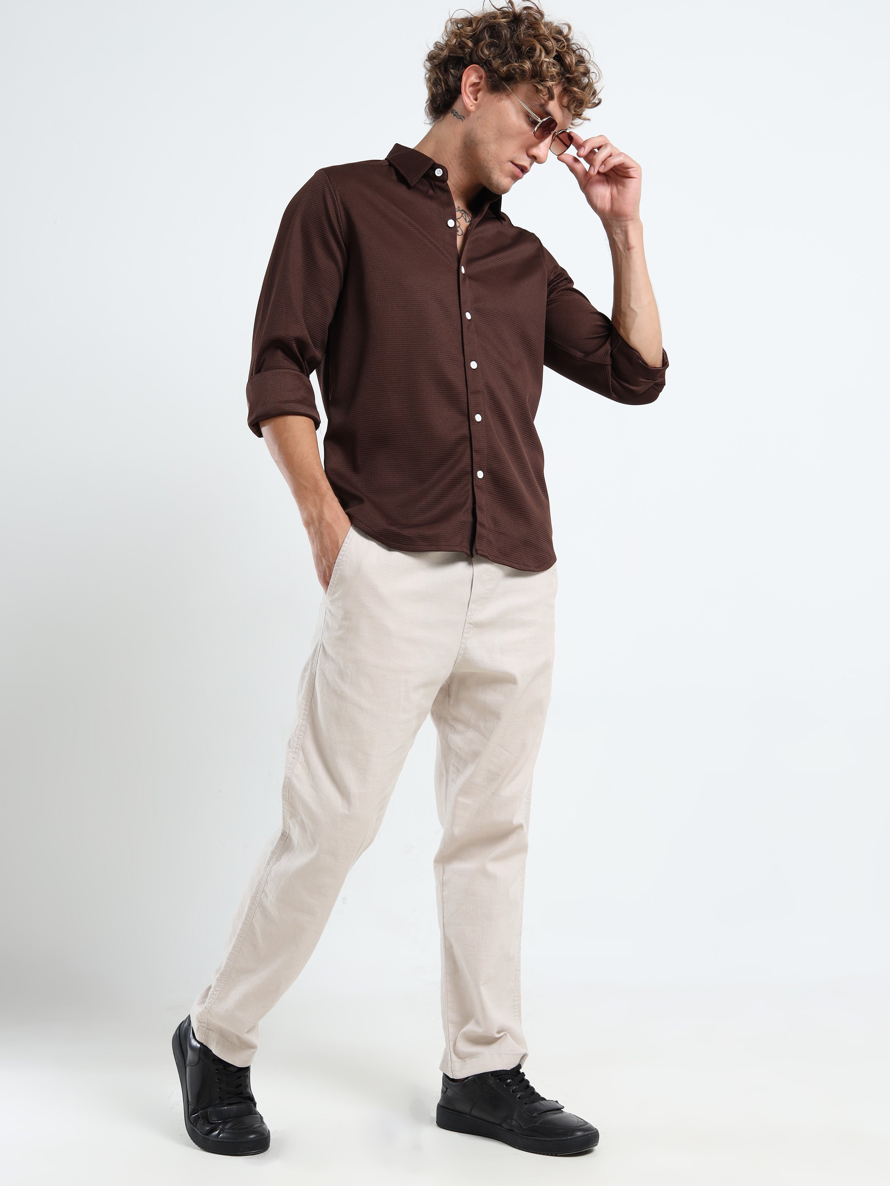 Men’s Chocolate Brown Textured Micro-Pattern Shirt