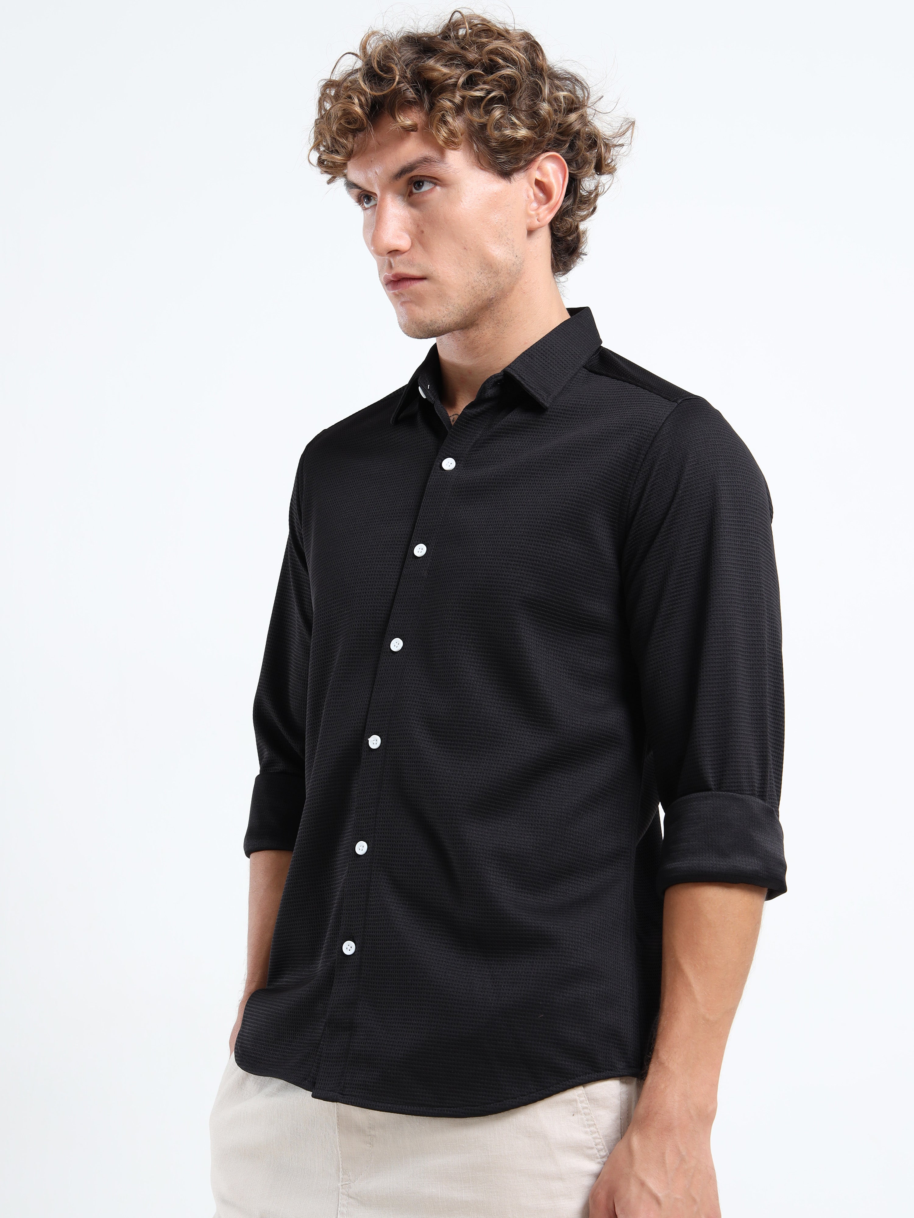 Men’s Black Textured Micro-Pattern Shirt
