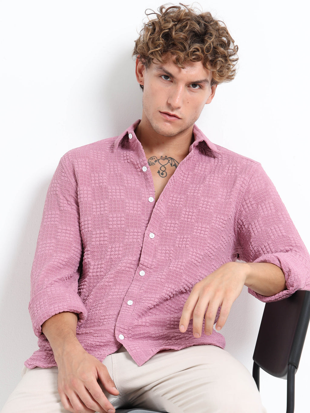 Men’s Pink Textured Check Casual Shirt
