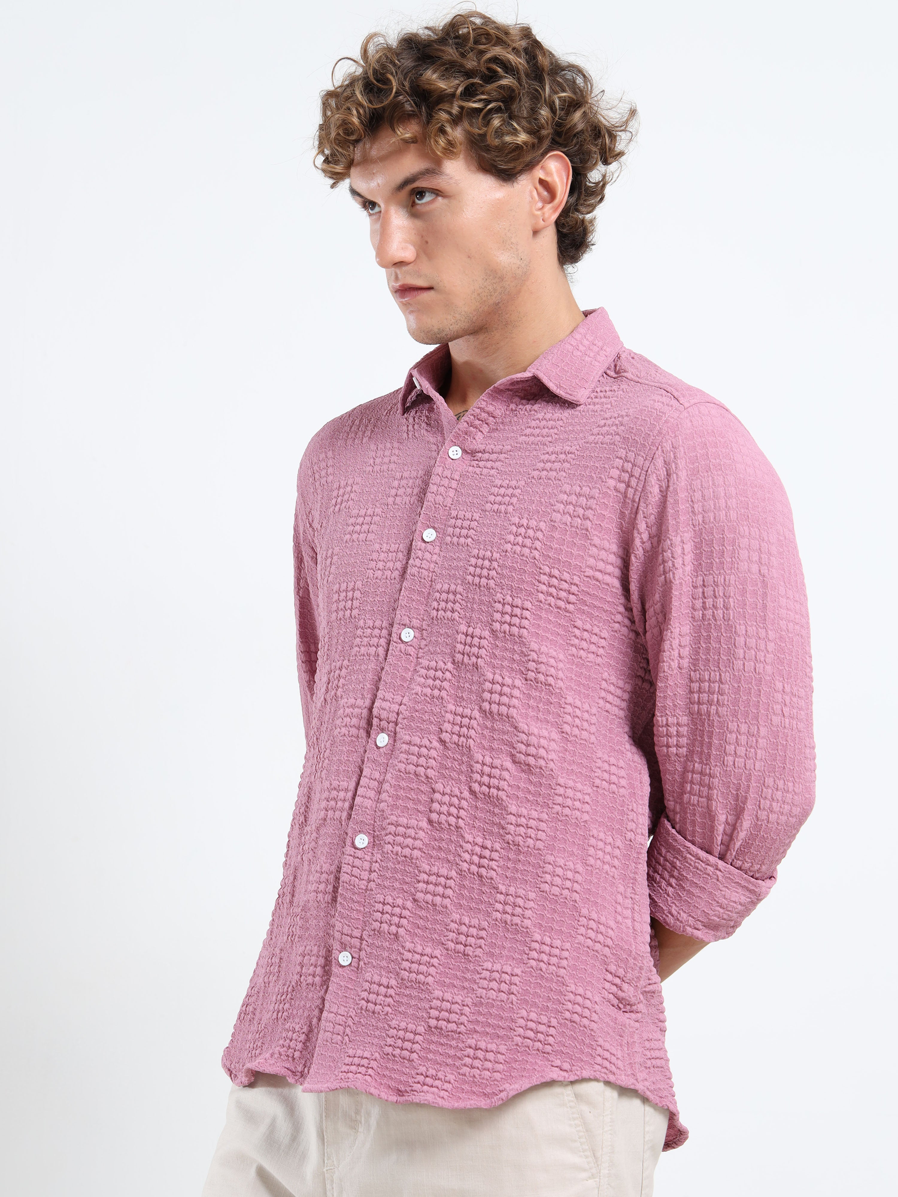 Men’s Pink Textured Check Casual Shirt