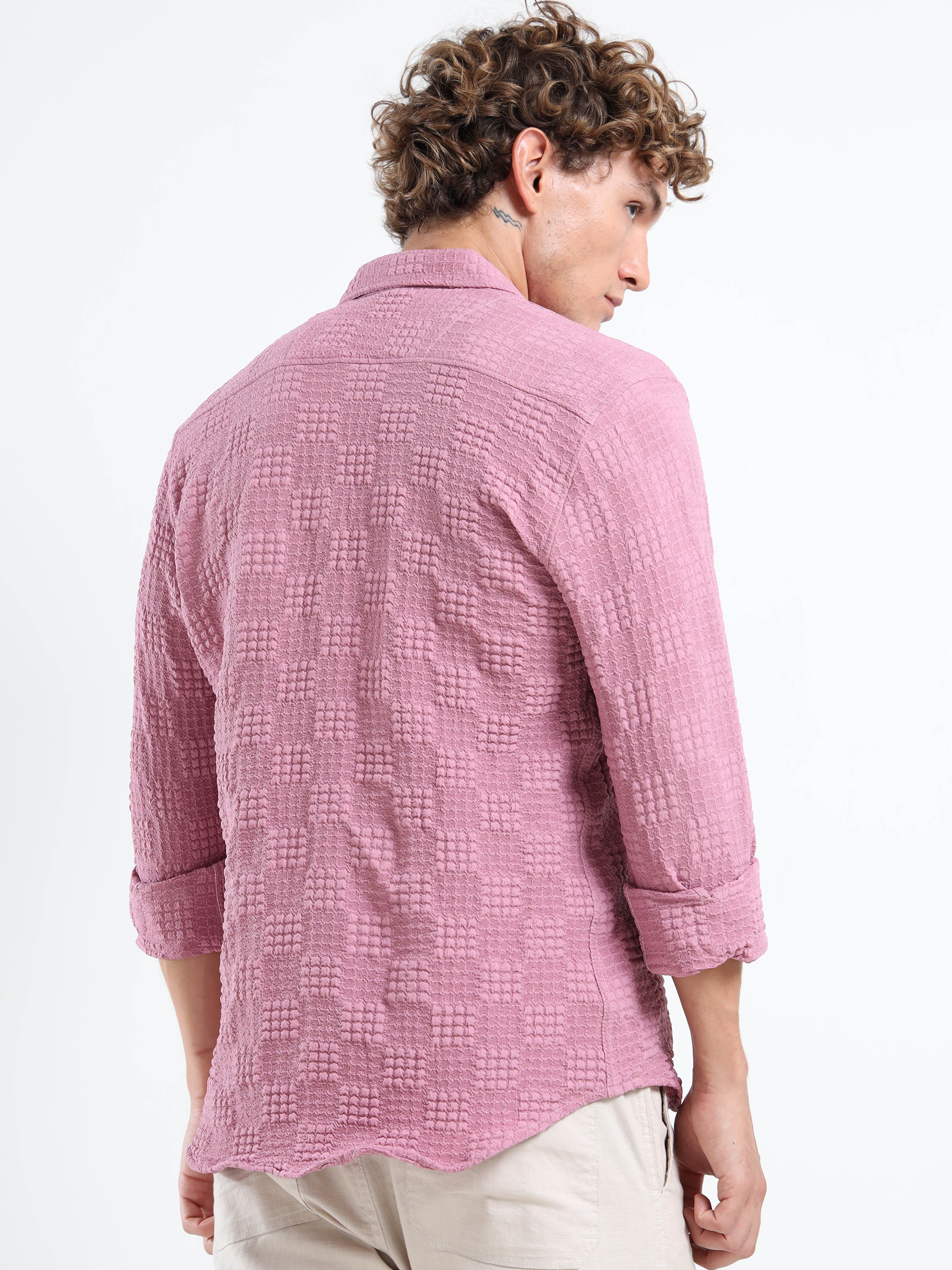 Men’s Pink Textured Check Casual Shirt