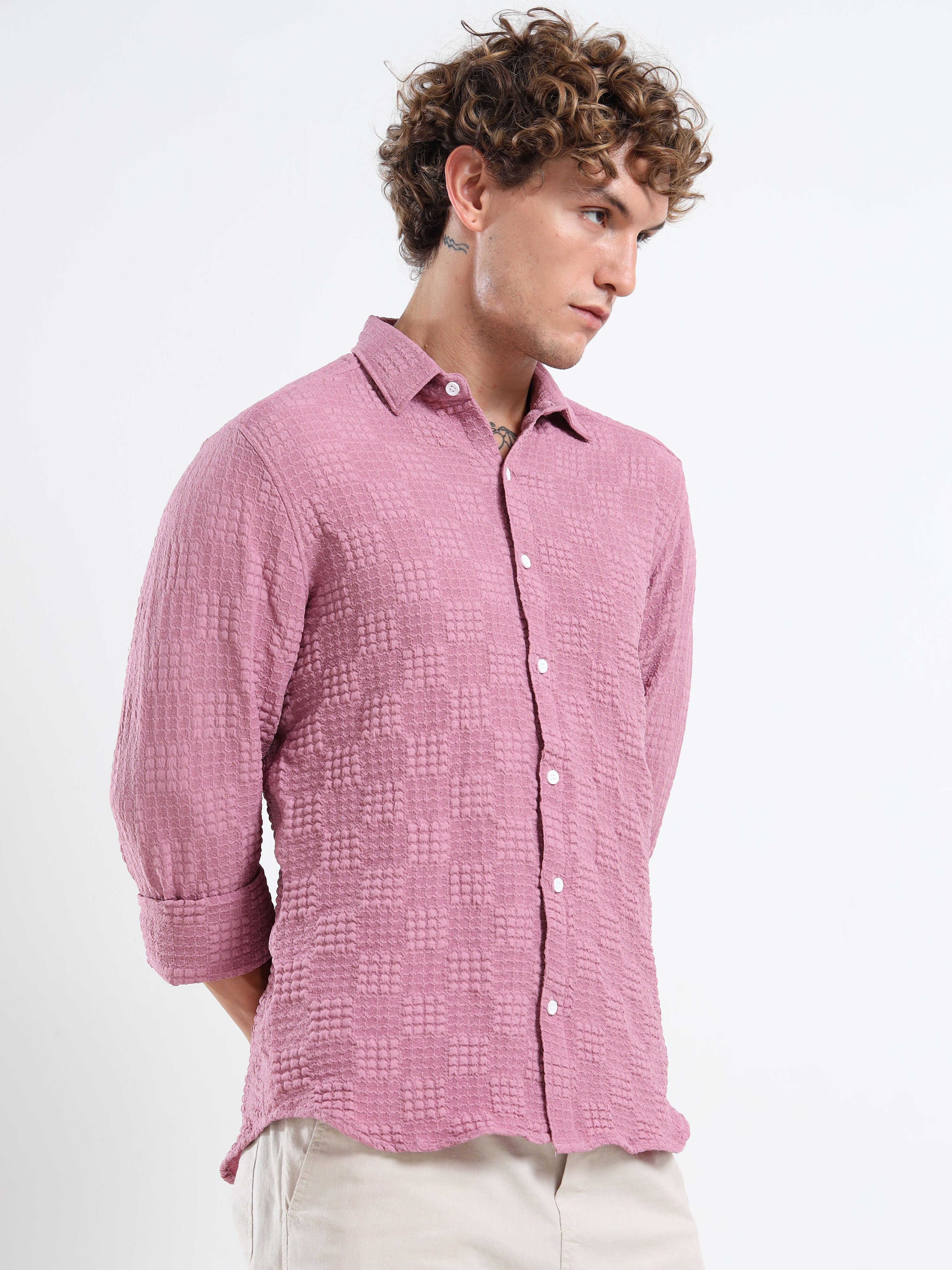 Men’s Pink Textured Check Casual Shirt