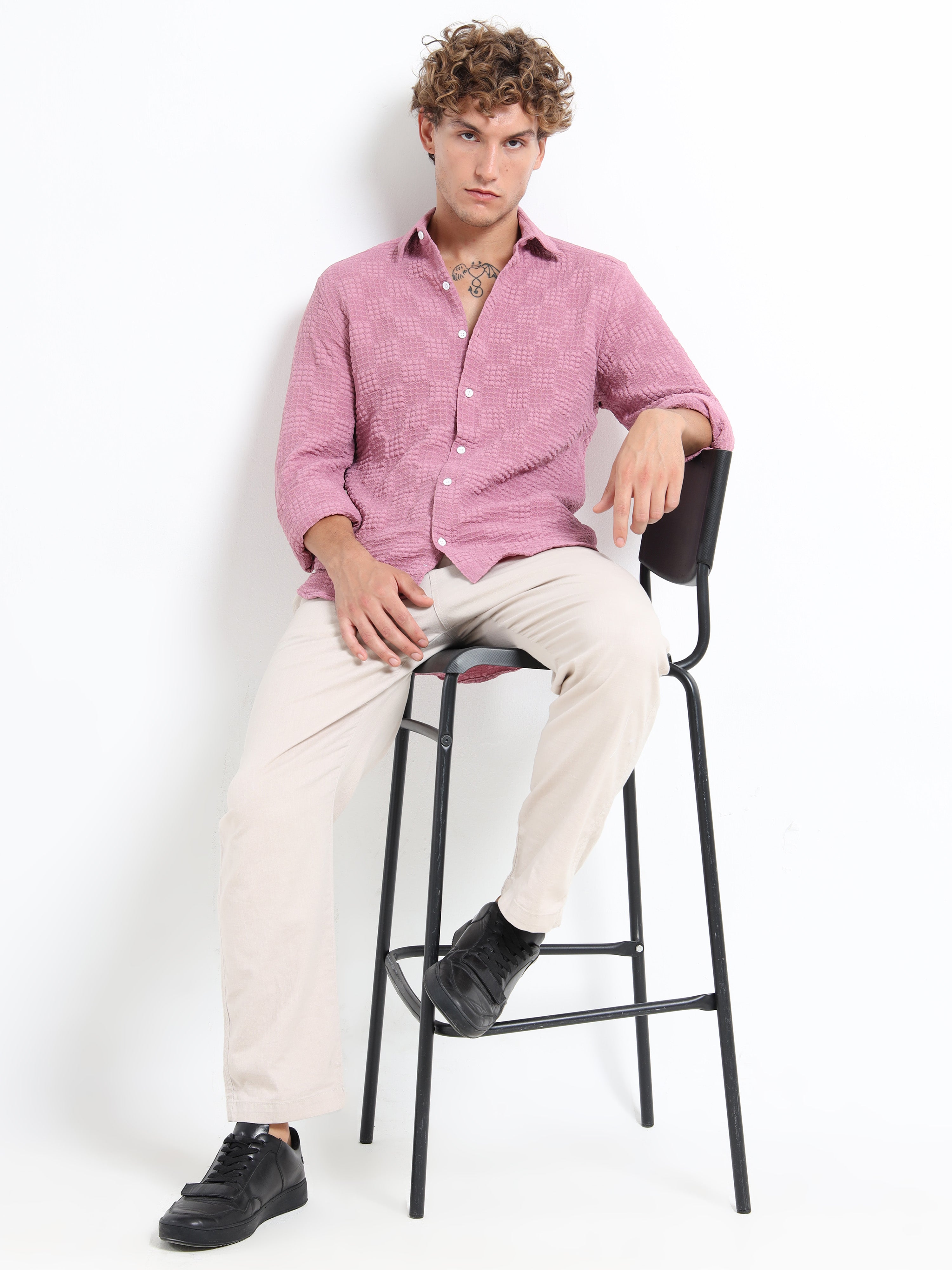 Men’s Pink Textured Check Casual Shirt