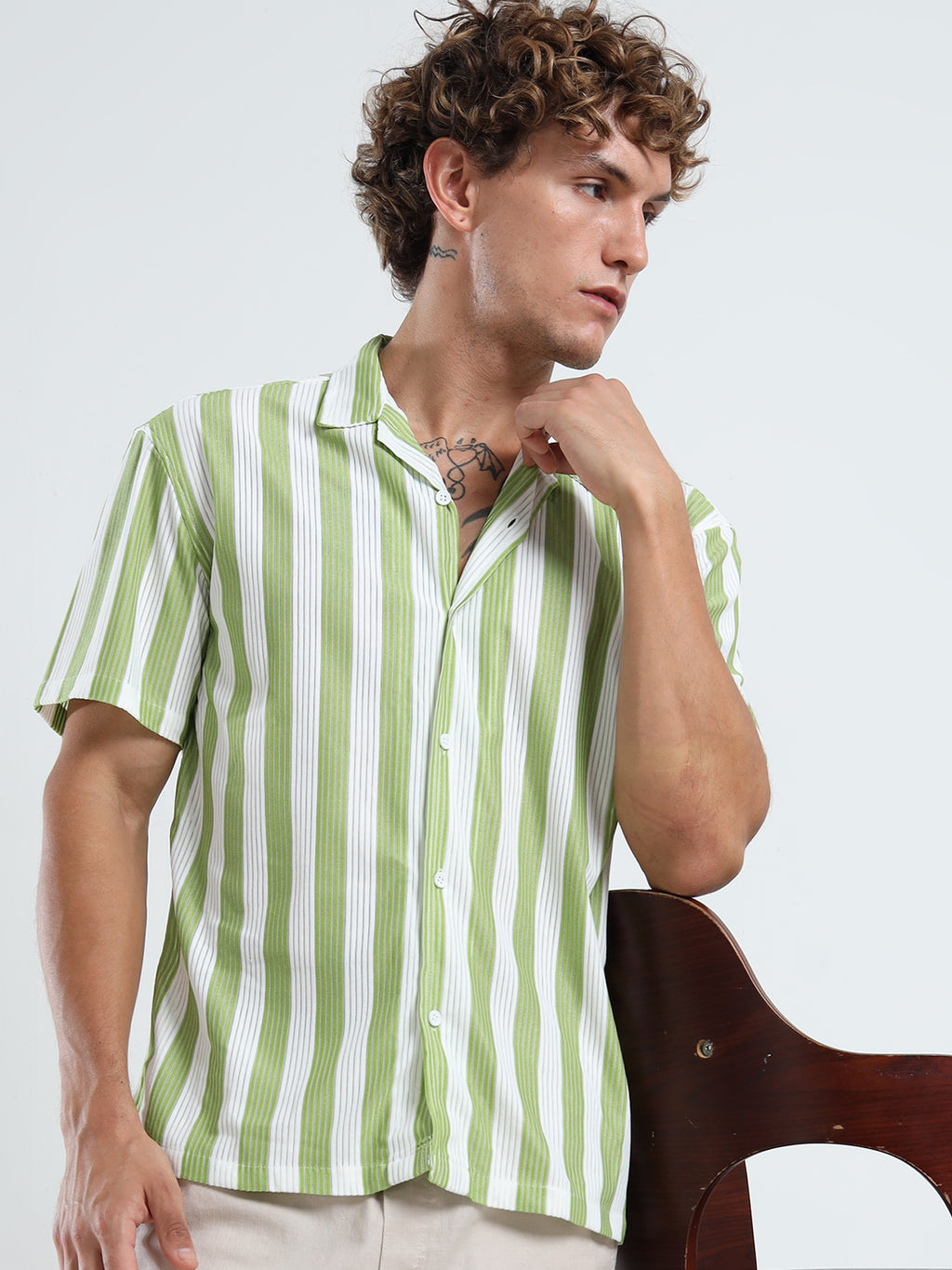 Men's Green Vertical Stripe Cuban Shirt