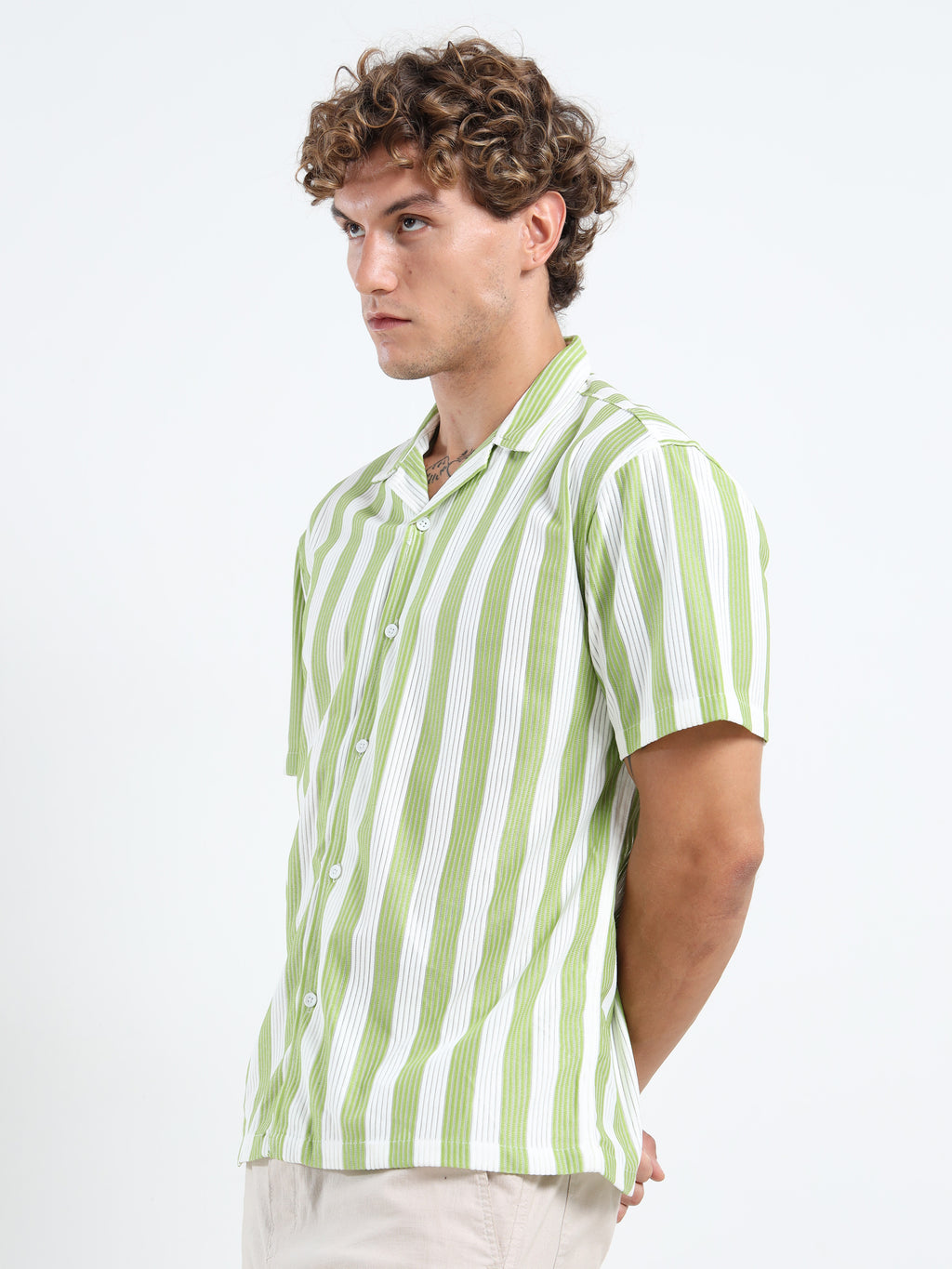 Men's Green Vertical Stripe Cuban Shirt