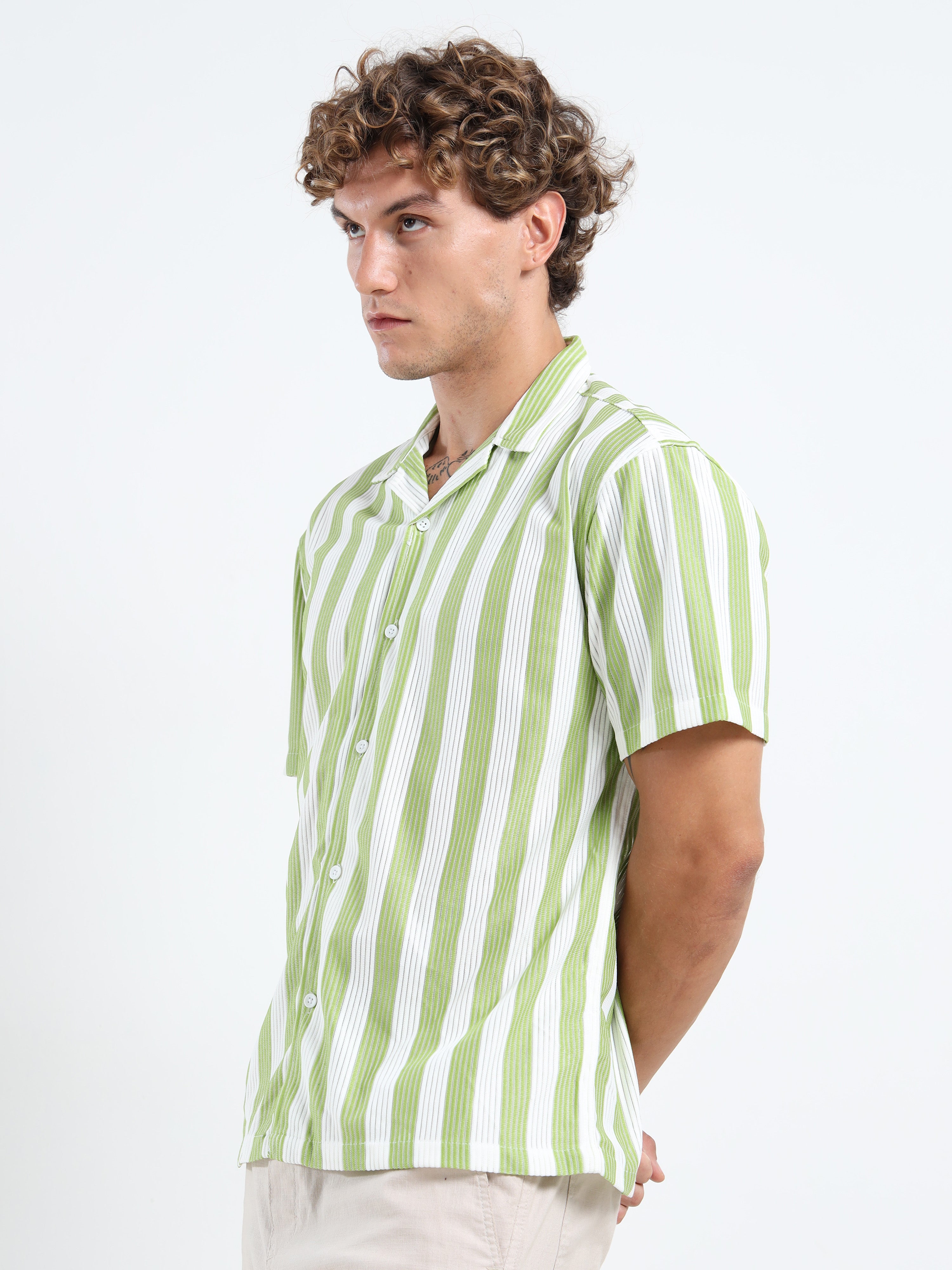 Men's Green Vertical Stripe Cuban Shirt