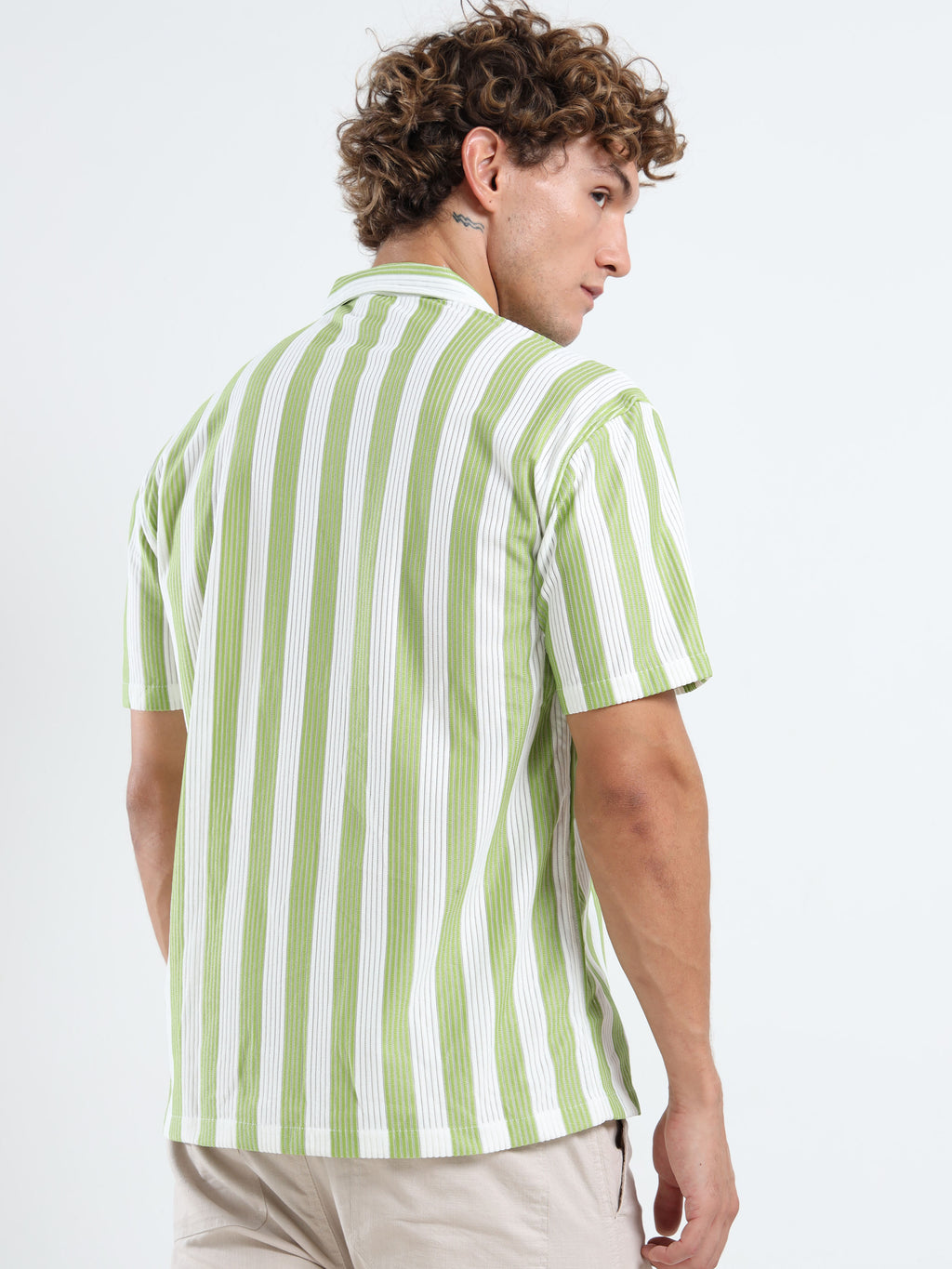 Men's Green Vertical Stripe Cuban Shirt