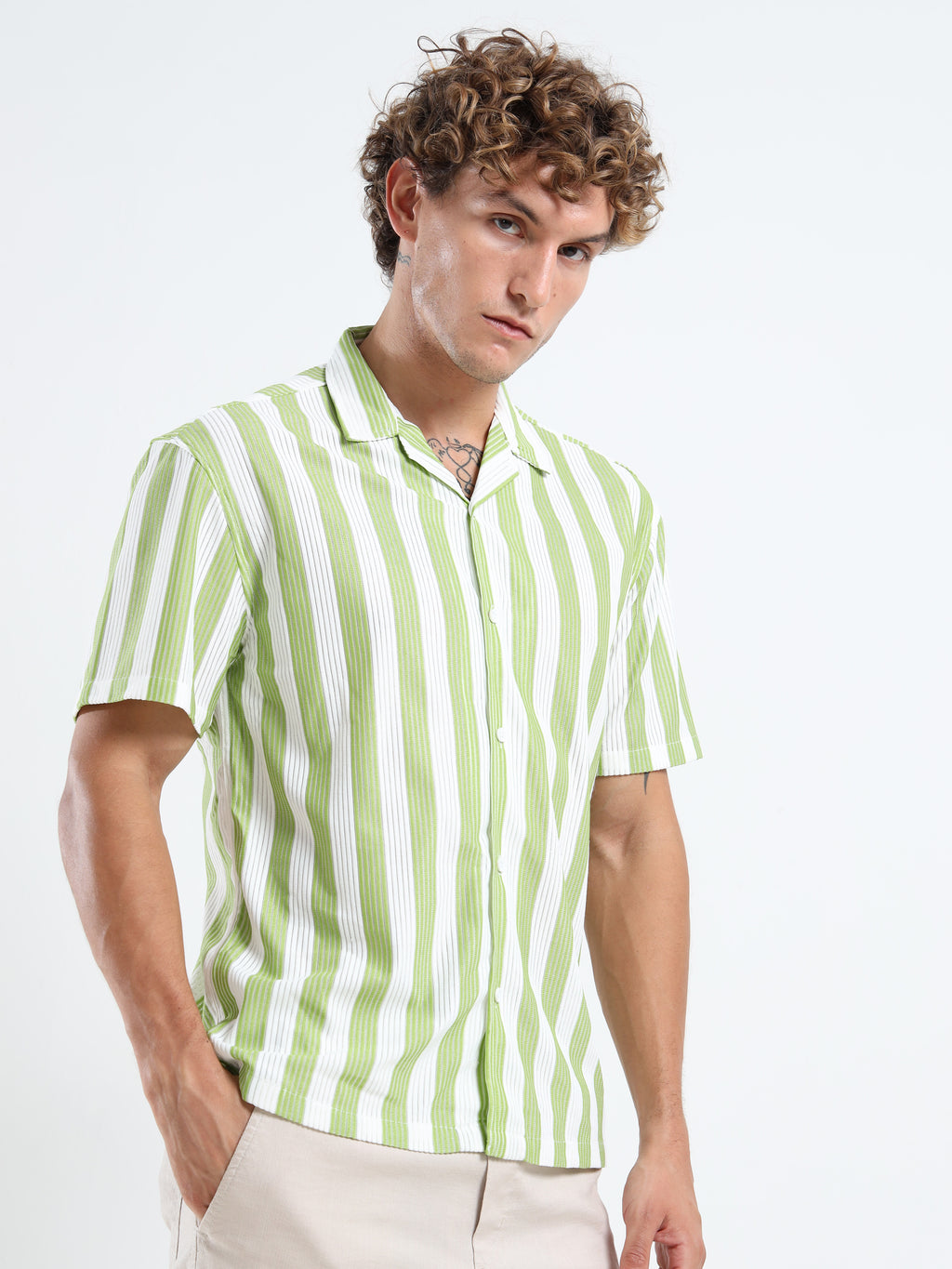 Men's Green Vertical Stripe Cuban Shirt