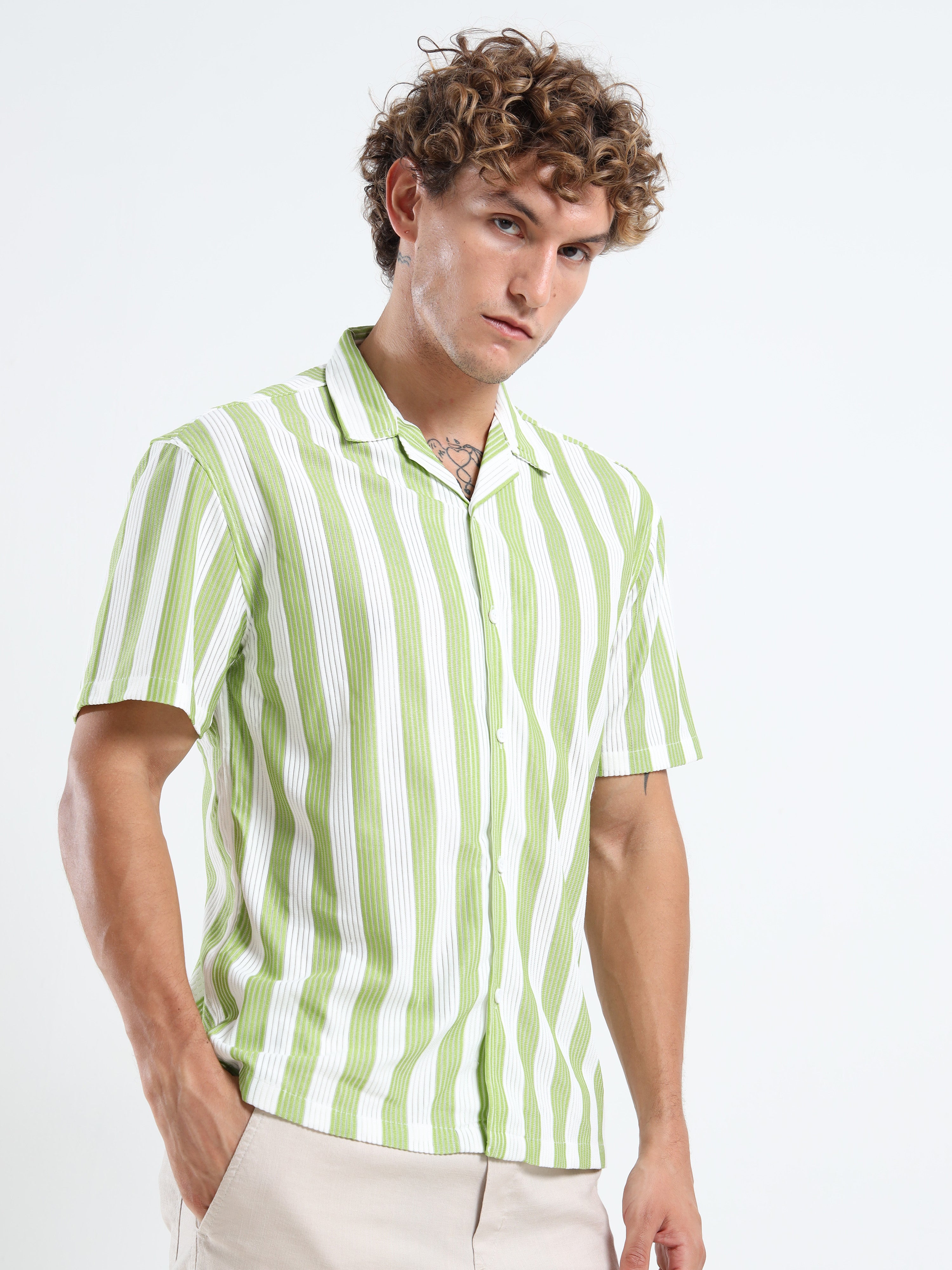 Men's Green Vertical Stripe Cuban Shirt