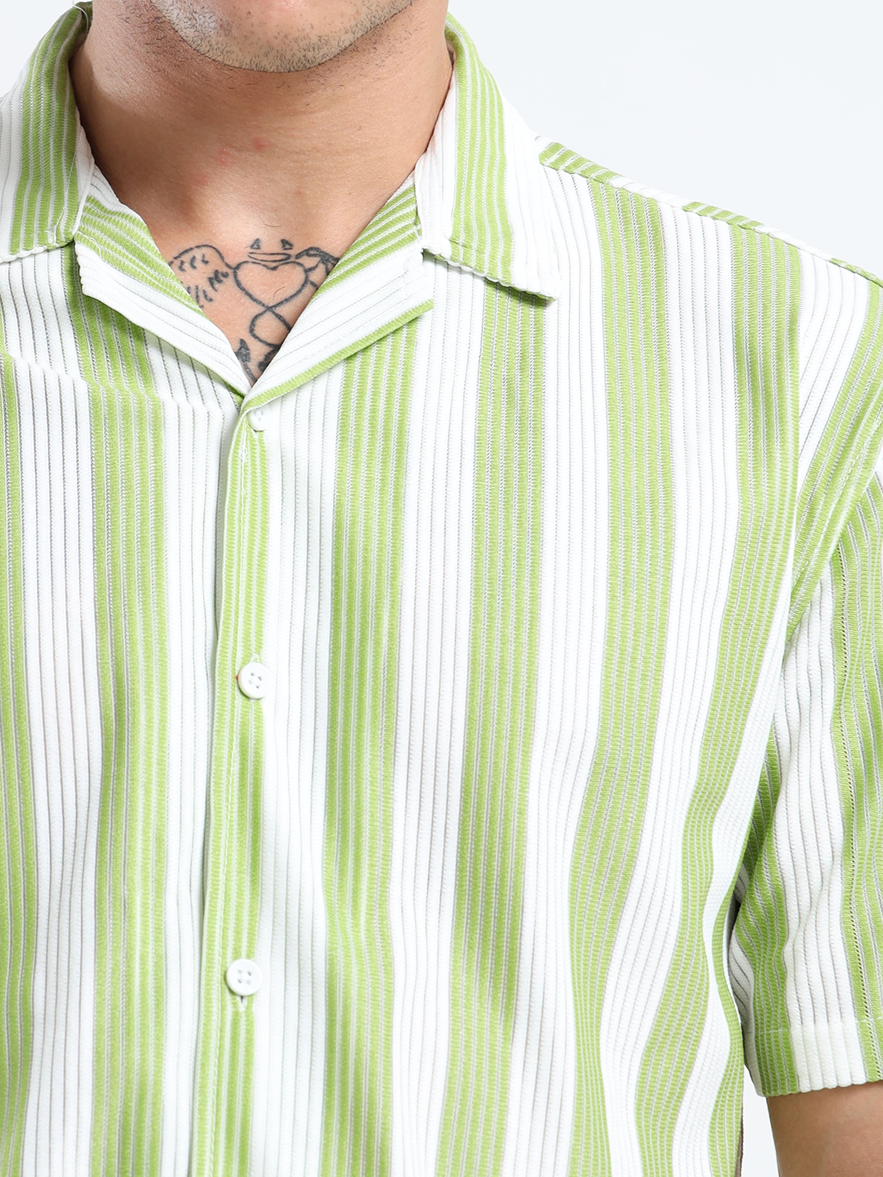 Men's Green Vertical Stripe Cuban Shirt