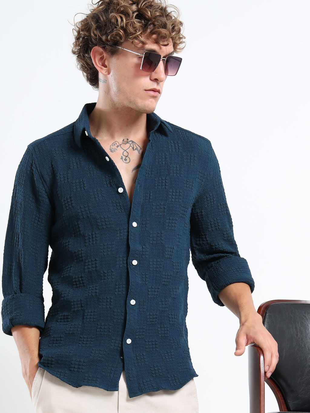 Men’s Teal Blue Textured Check Casual Shirt