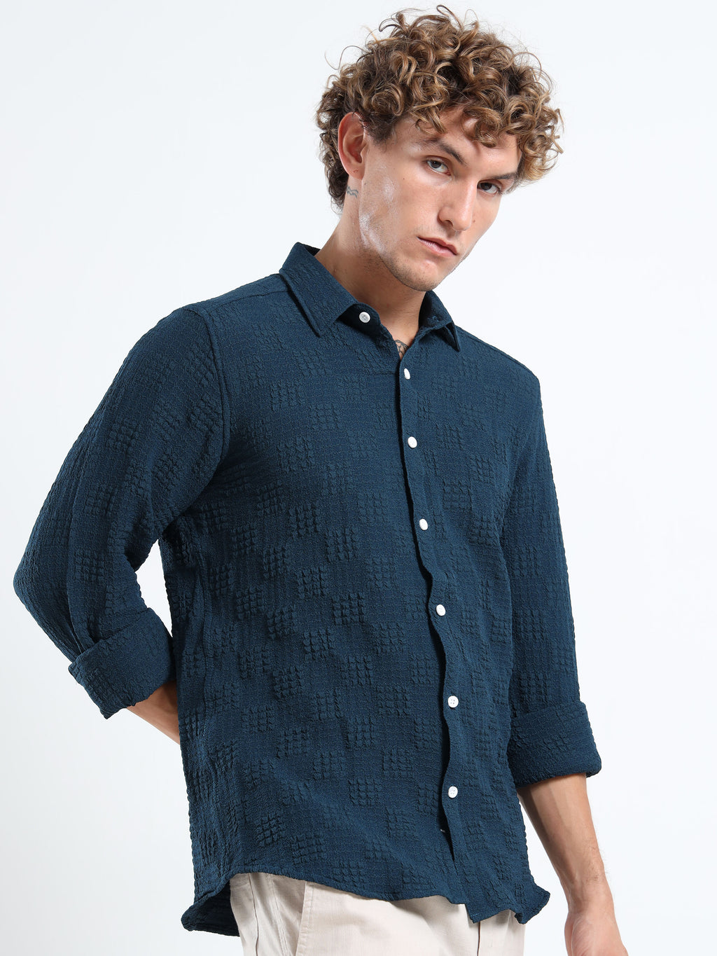 Men’s Teal Blue Textured Check Casual Shirt