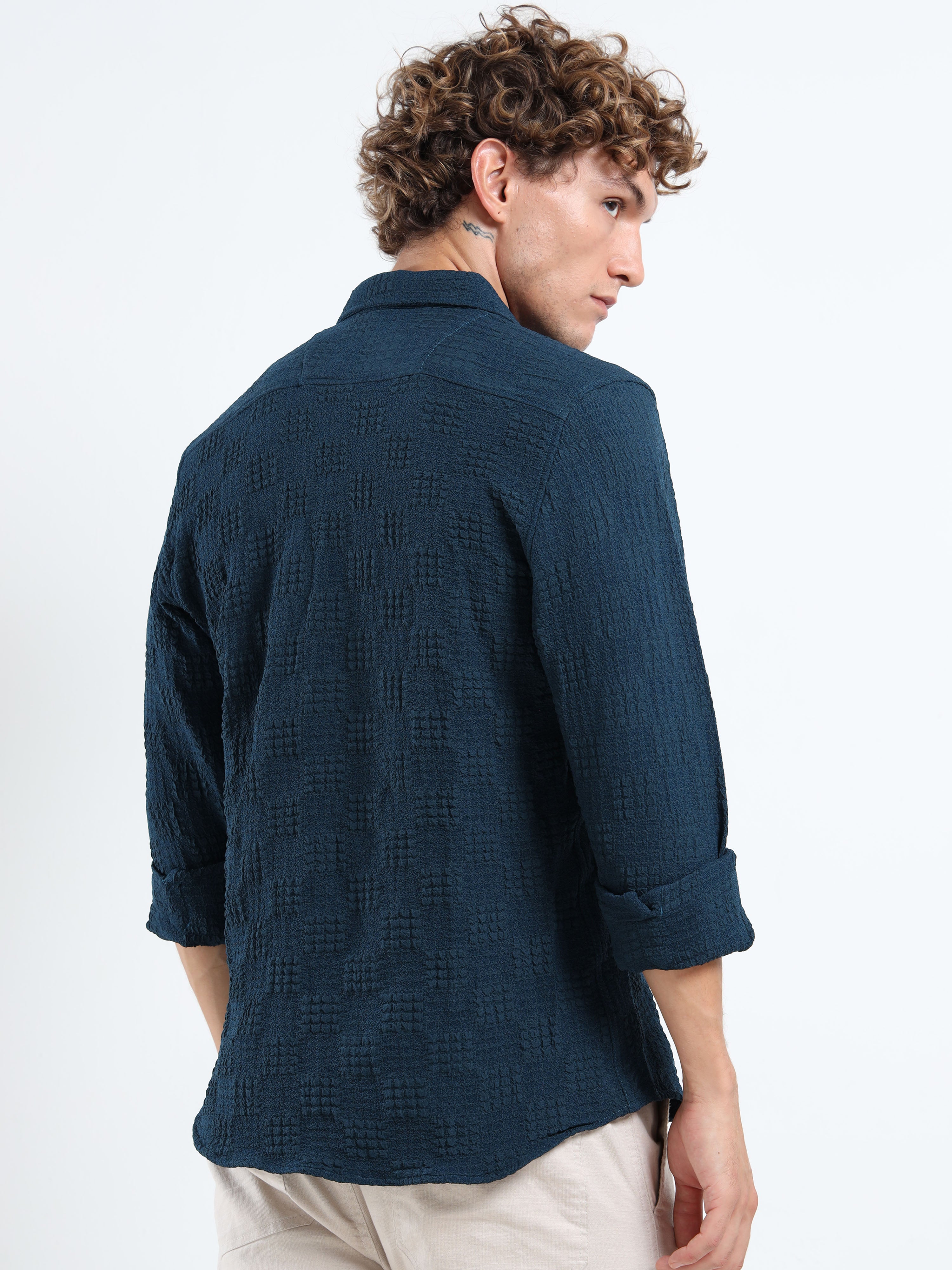 Men’s Teal Blue Textured Check Casual Shirt