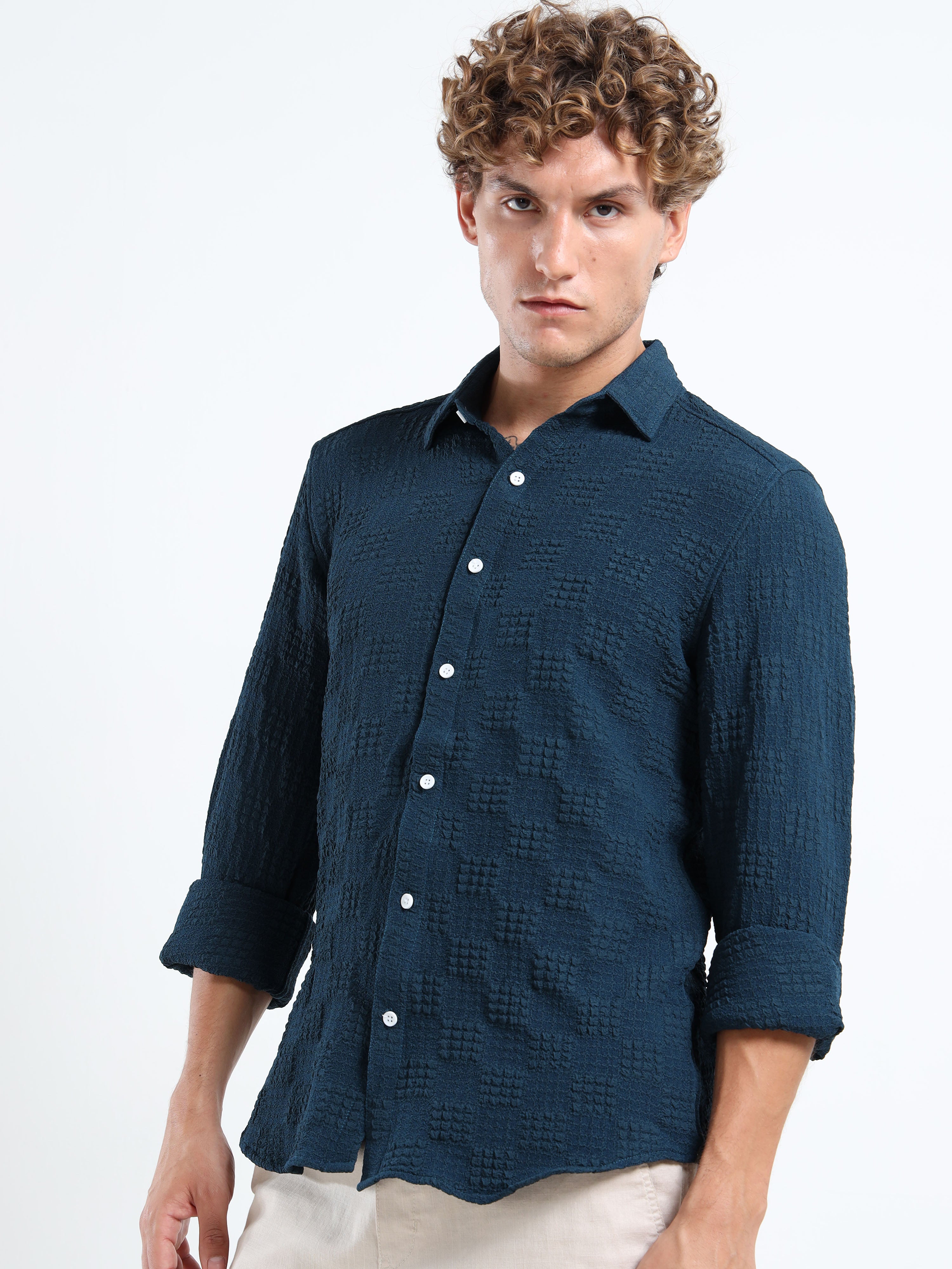 Men’s Teal Blue Textured Check Casual Shirt