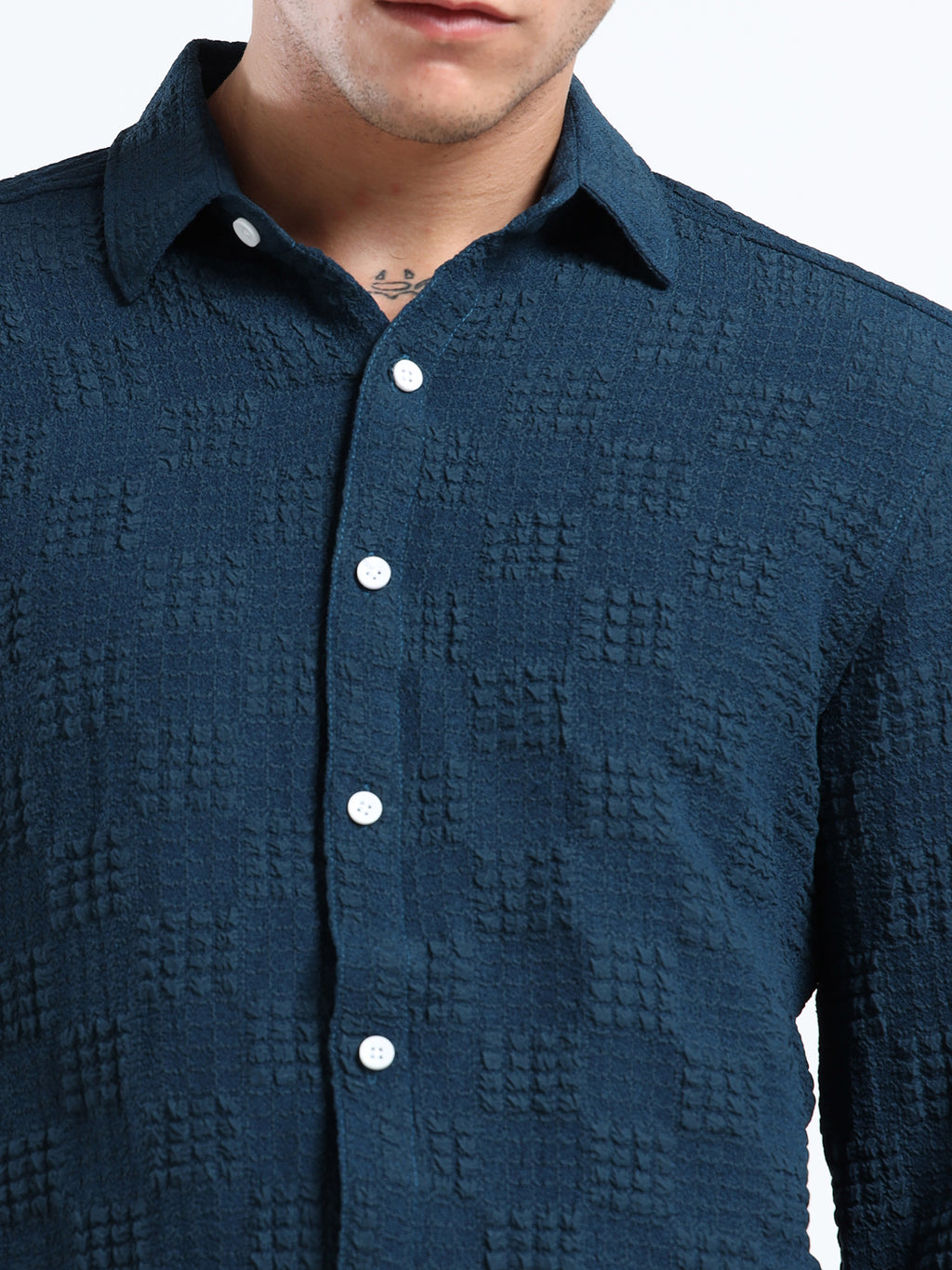 Men’s Teal Blue Textured Check Casual Shirt